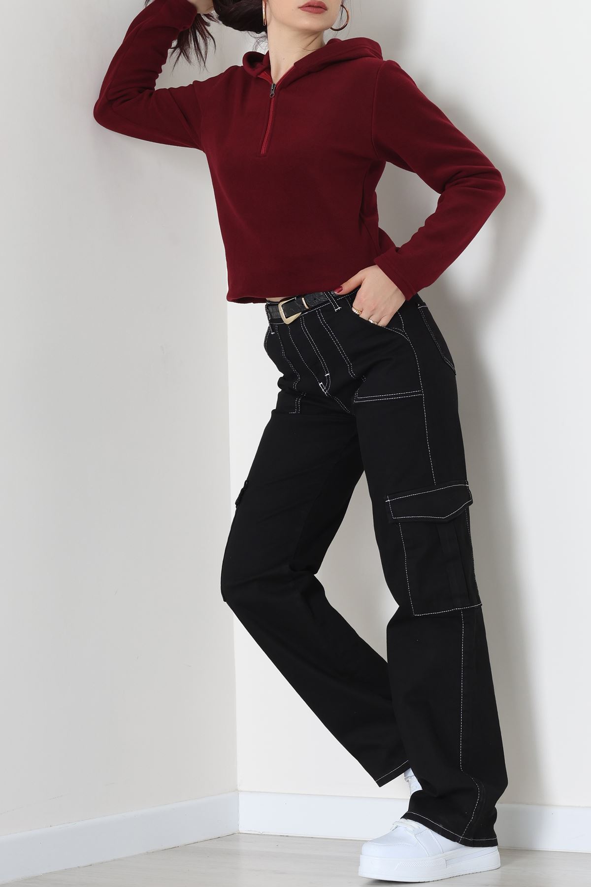 Yaka Fermuarlı Polar Sweat Bordo - 52034.053.