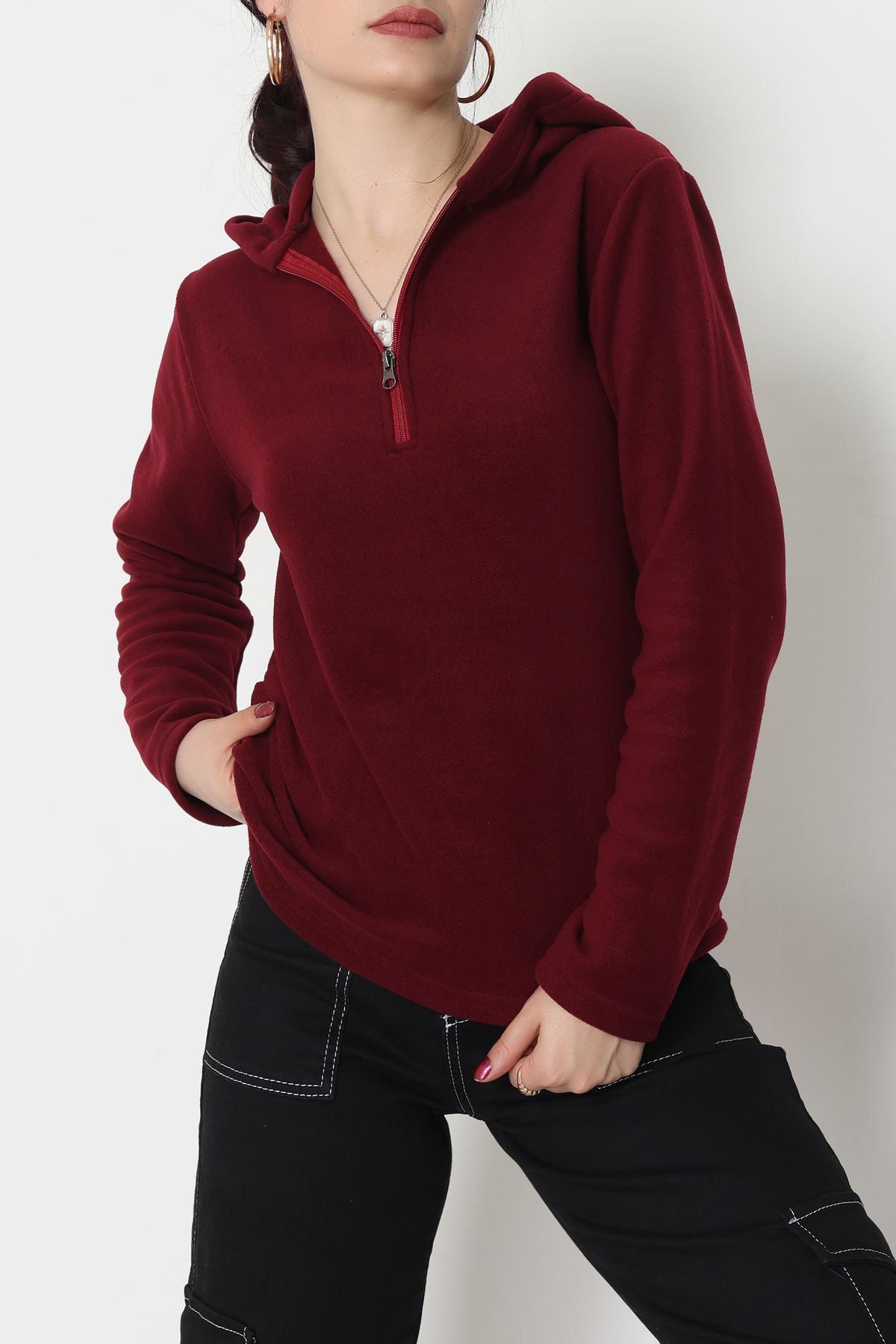 Yaka Fermuarlı Polar Sweat Bordo - 52034.053.