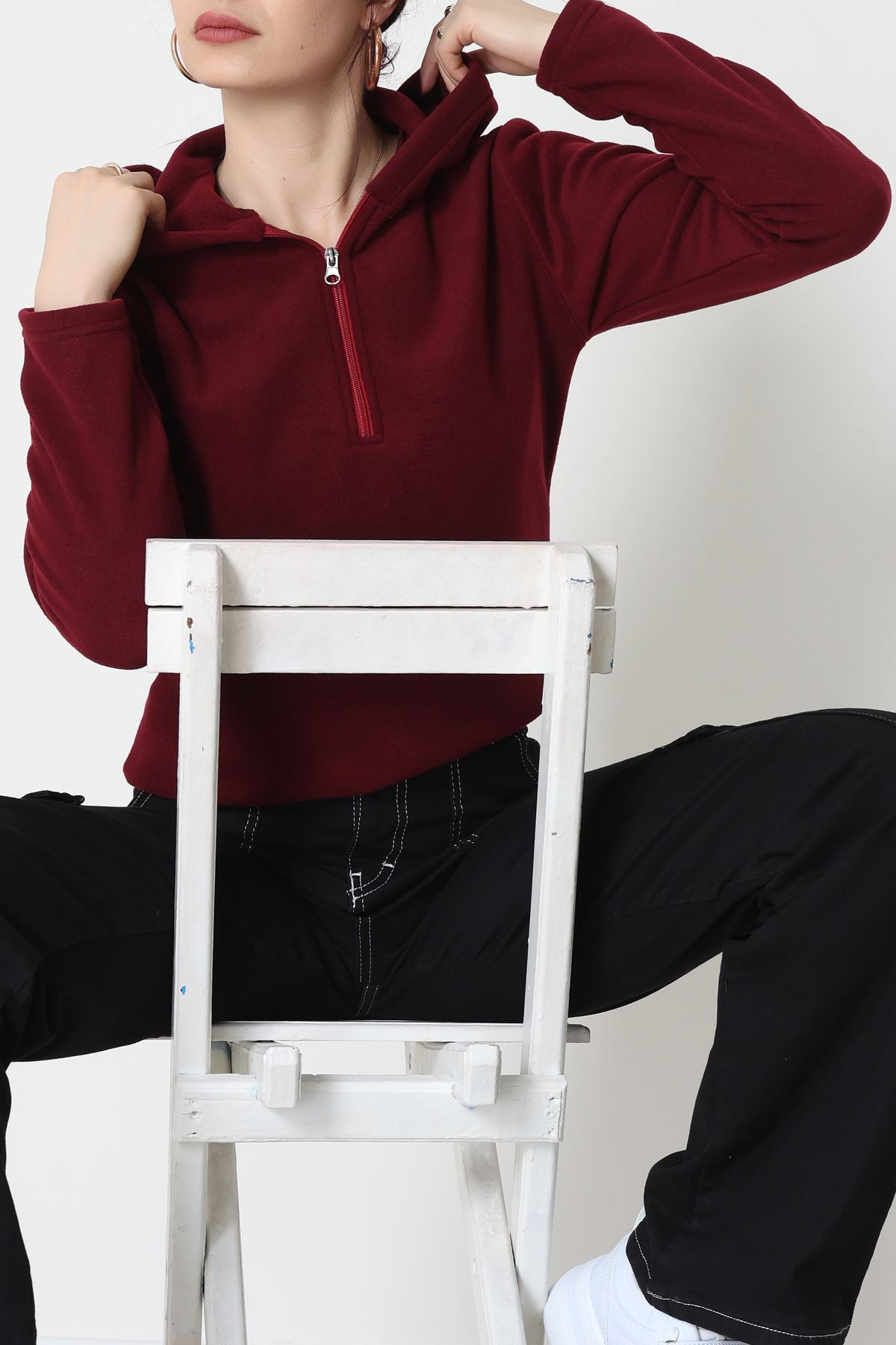 Yaka Fermuarlı Polar Sweat Bordo - 52034.053.