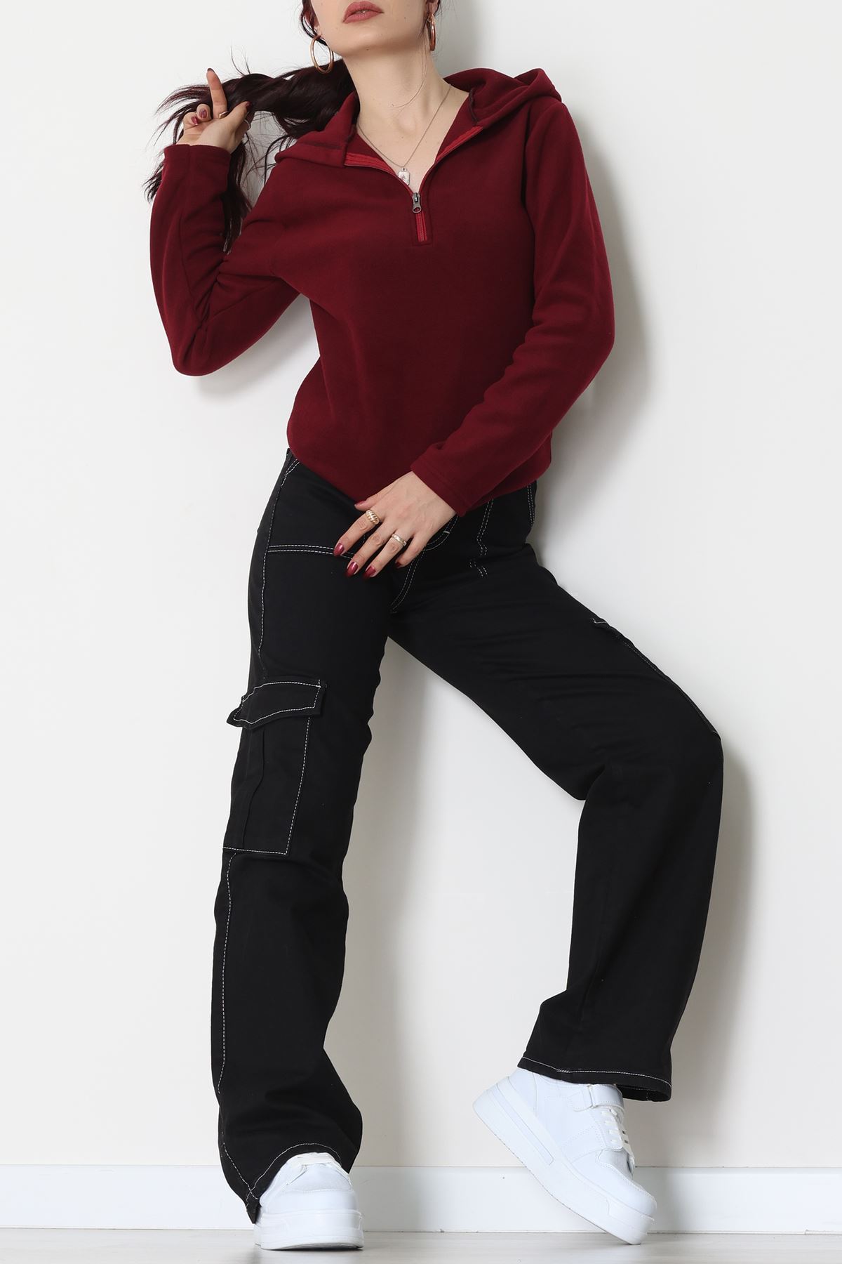 Yaka Fermuarlı Polar Sweat Bordo - 52034.053.