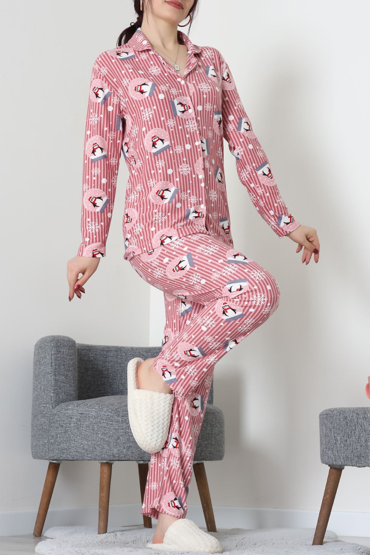 Süet Düğmeli Pijama Takımı Pembedesenli - 55014.1048.