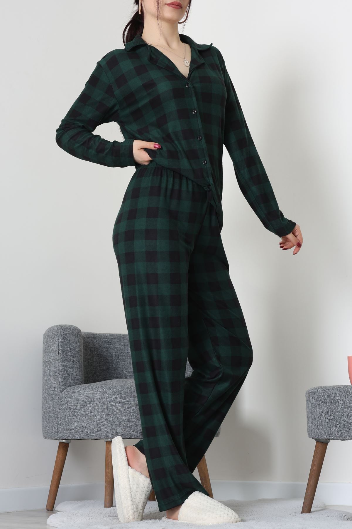 Düğmeli Süet Takım Yeşil - 450.1287.