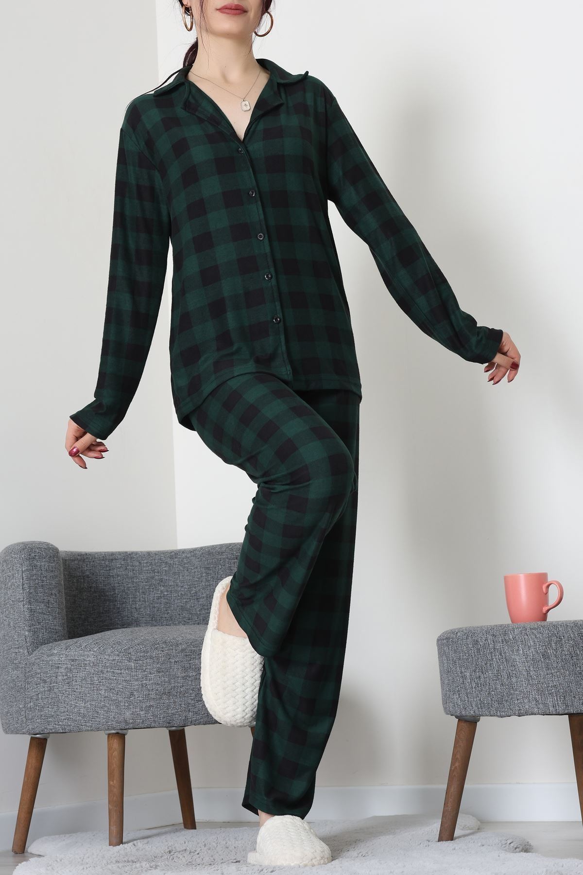 Düğmeli Süet Takım Yeşil - 450.1287.