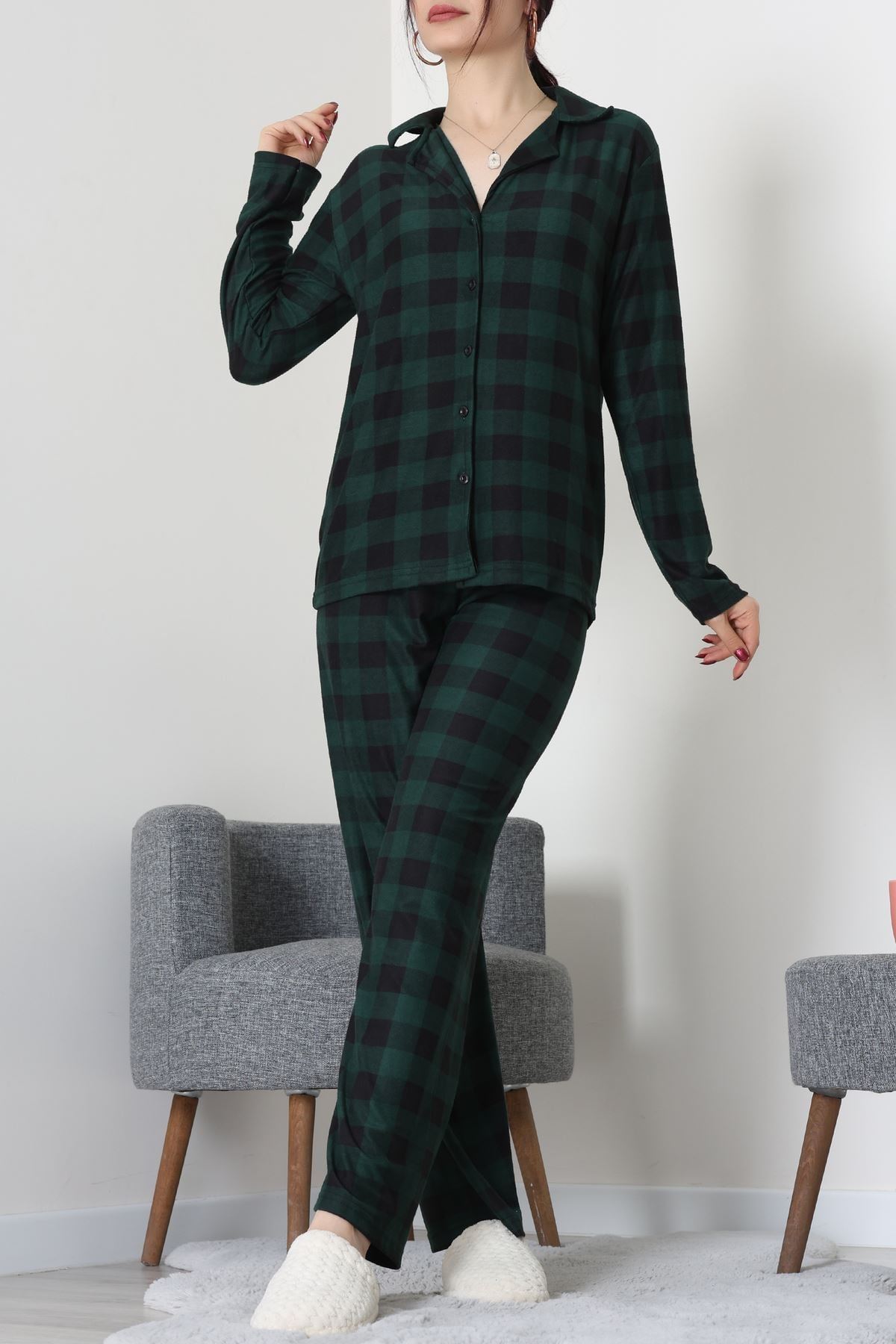 Düğmeli Süet Takım Yeşil - 450.1287.