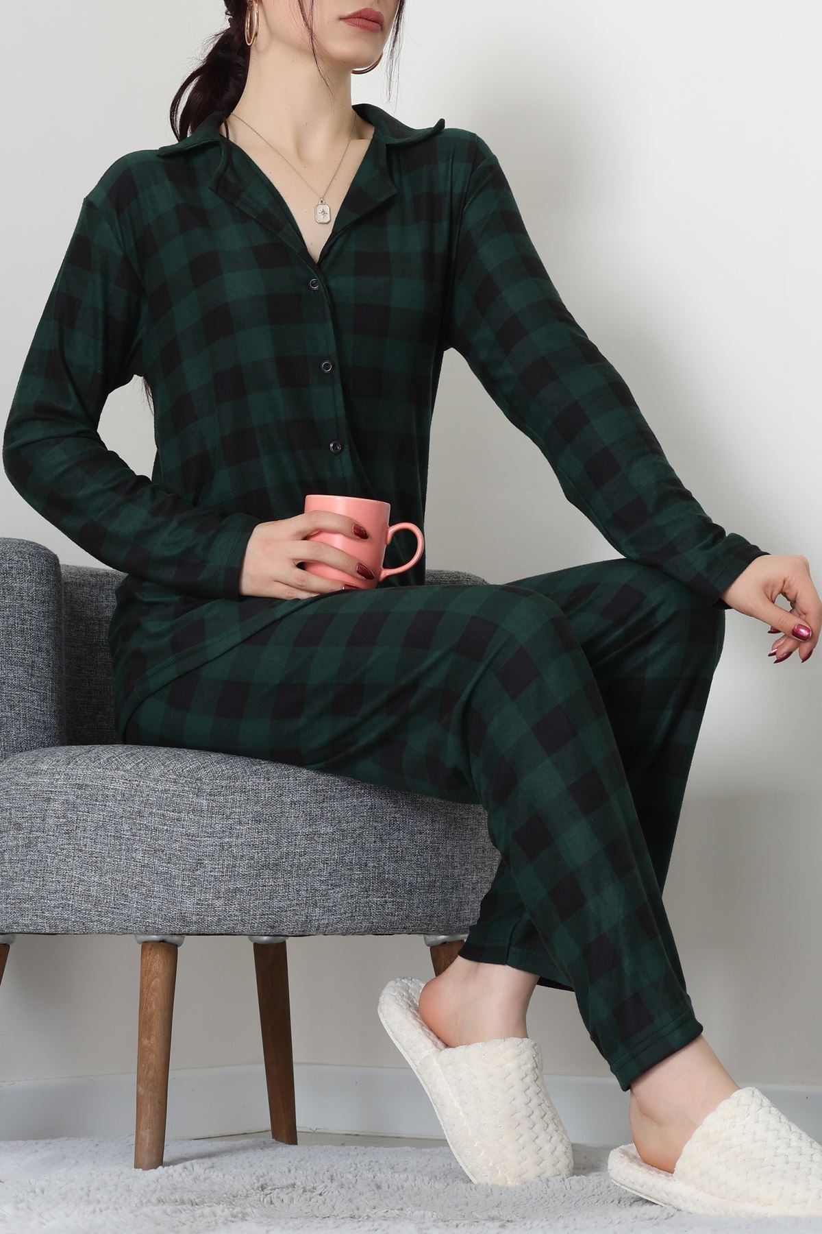 Düğmeli Süet Takım Yeşil - 450.1287.