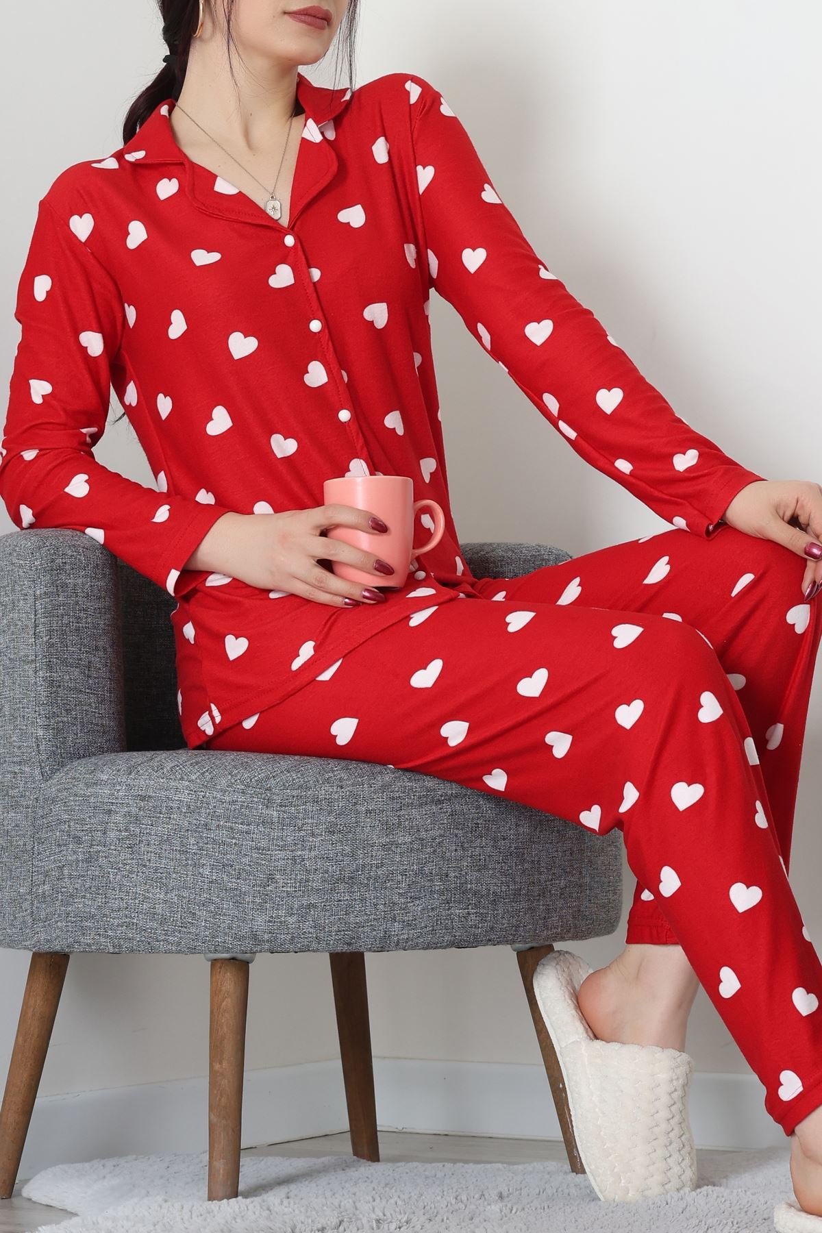 Süet Düğmeli Pijama Takımı Beyazkalp - 55014.1048.