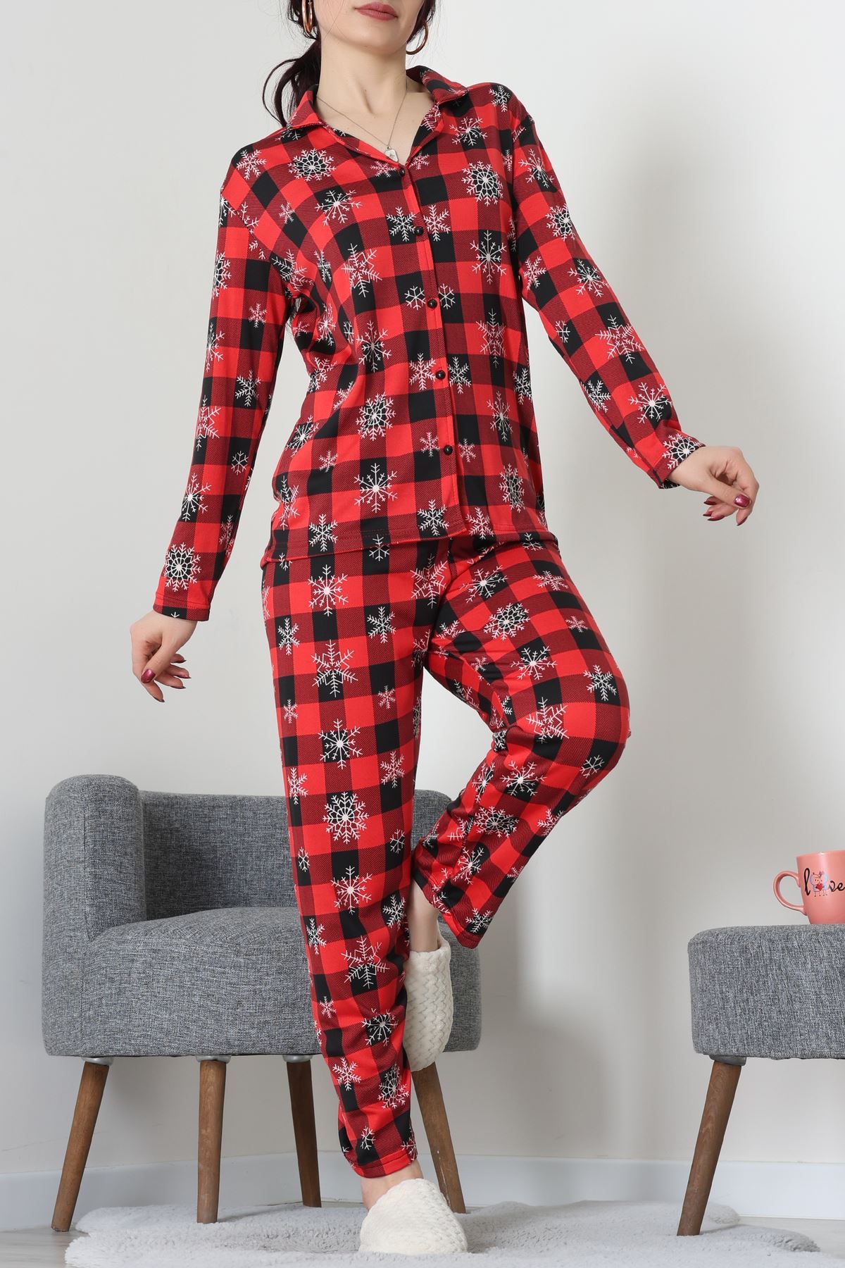 Süet Düğmeli Pijama Takımı Kırmızısiyah - 55014.1048.