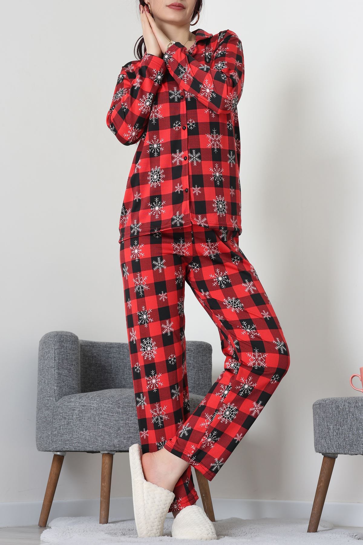 Süet Düğmeli Pijama Takımı Kırmızısiyah - 55014.1048.