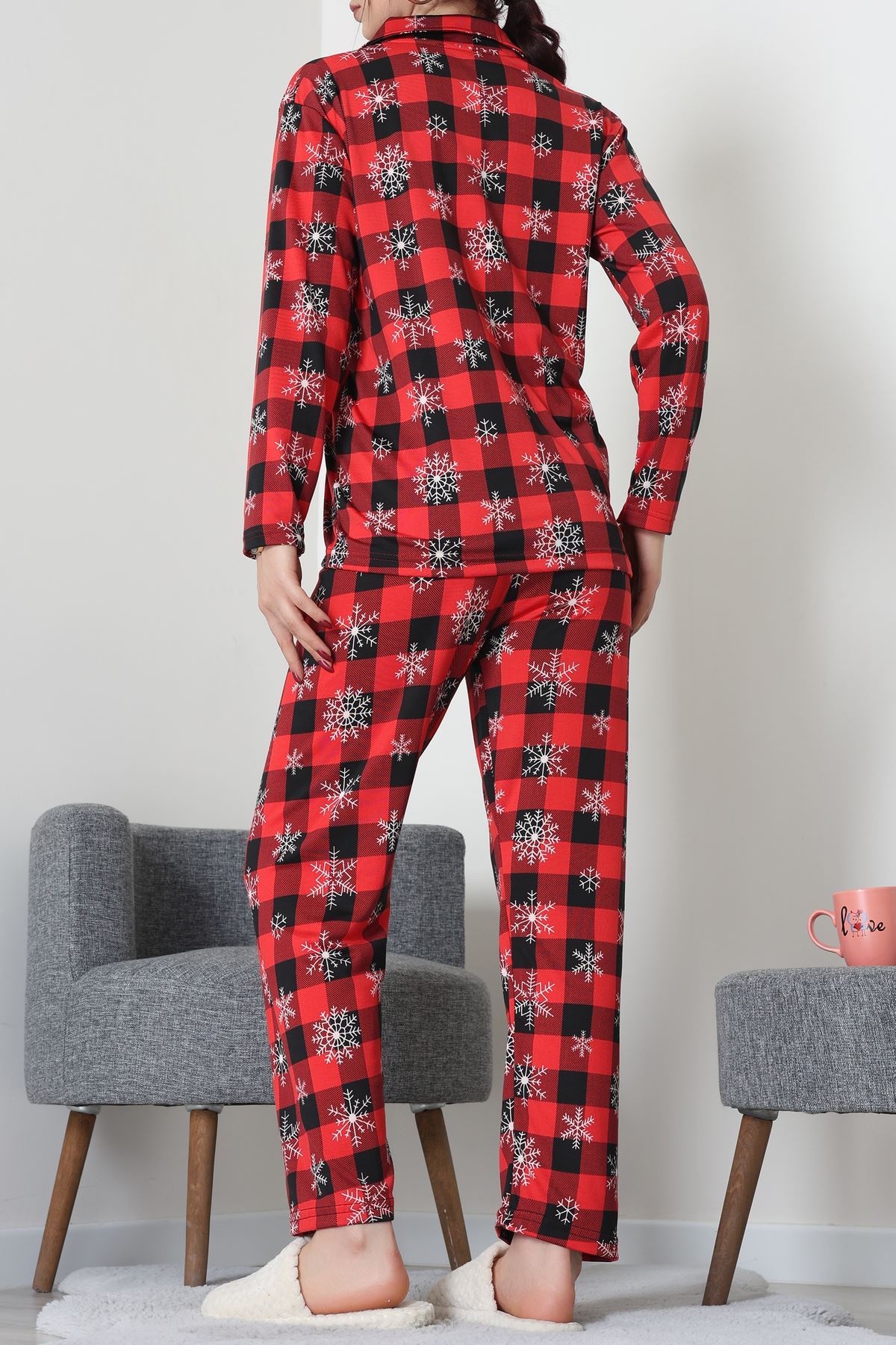 Süet Düğmeli Pijama Takımı Kırmızısiyah - 55014.1048.