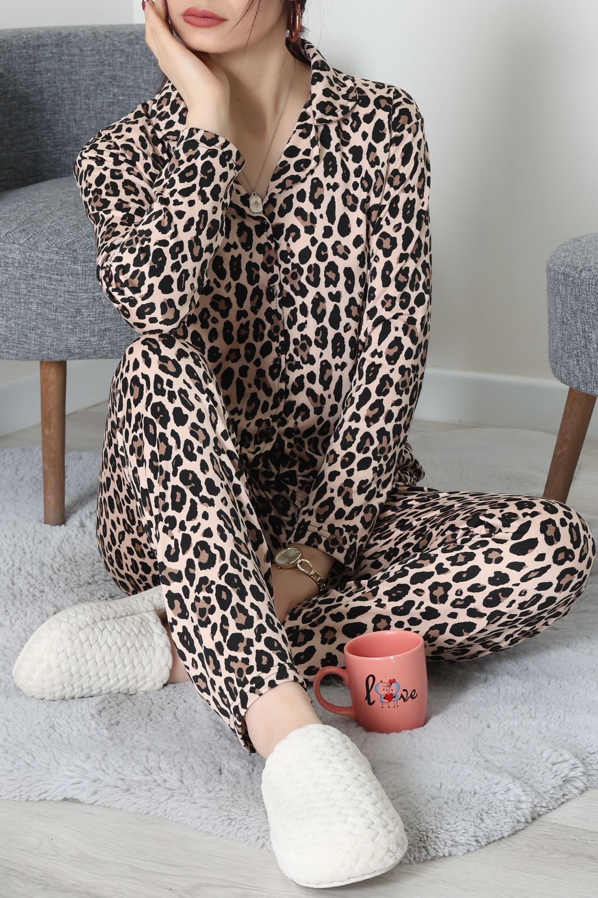 Süet Düğmeli Pijama Takımı Leopar - 55014.1048.