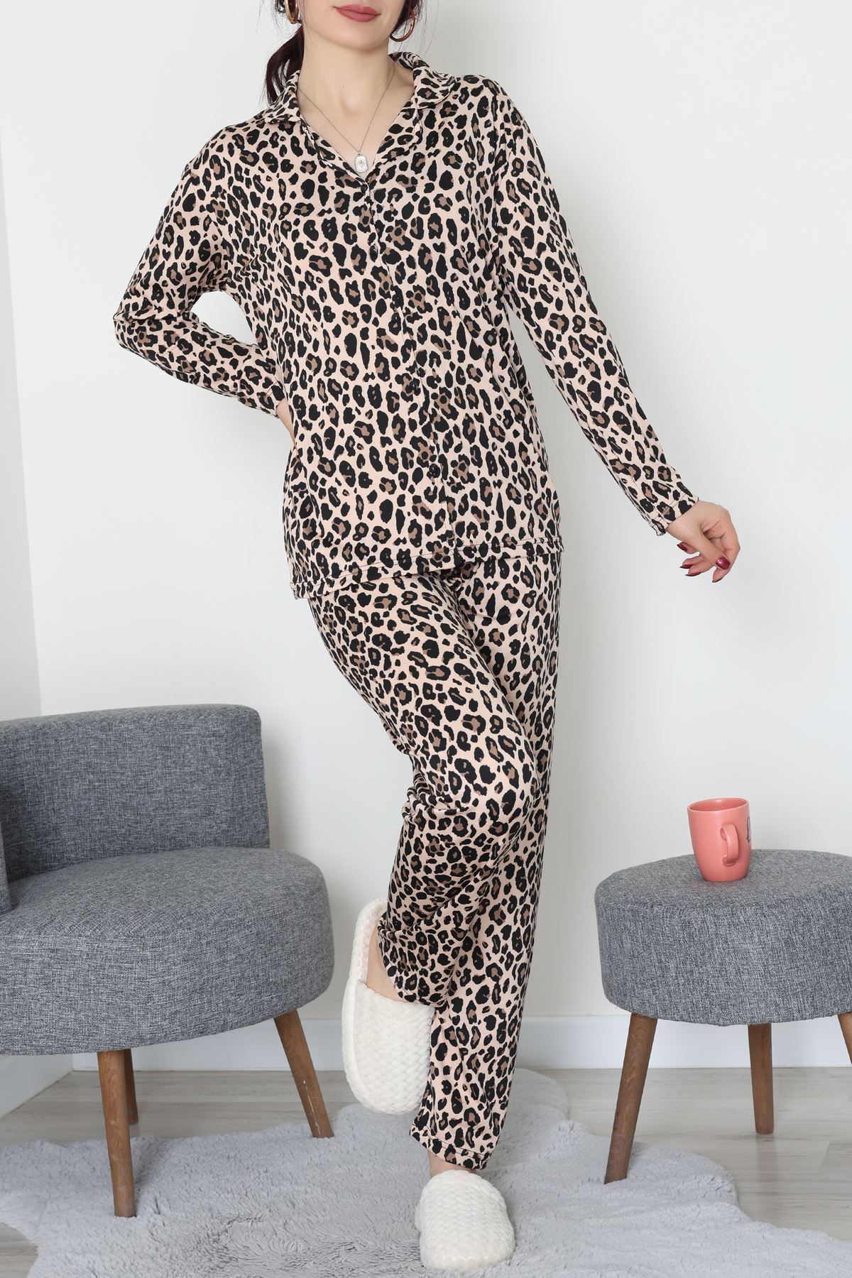 Süet Düğmeli Pijama Takımı Leopar - 55014.1048.