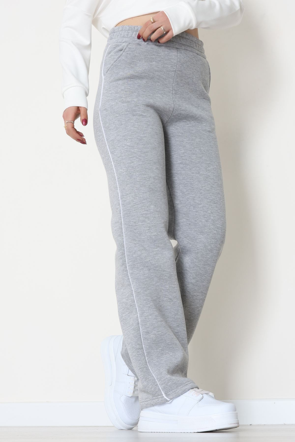 3 İplik Biyeli Palazzo Eşofman Altı Gri - 30104.1878.