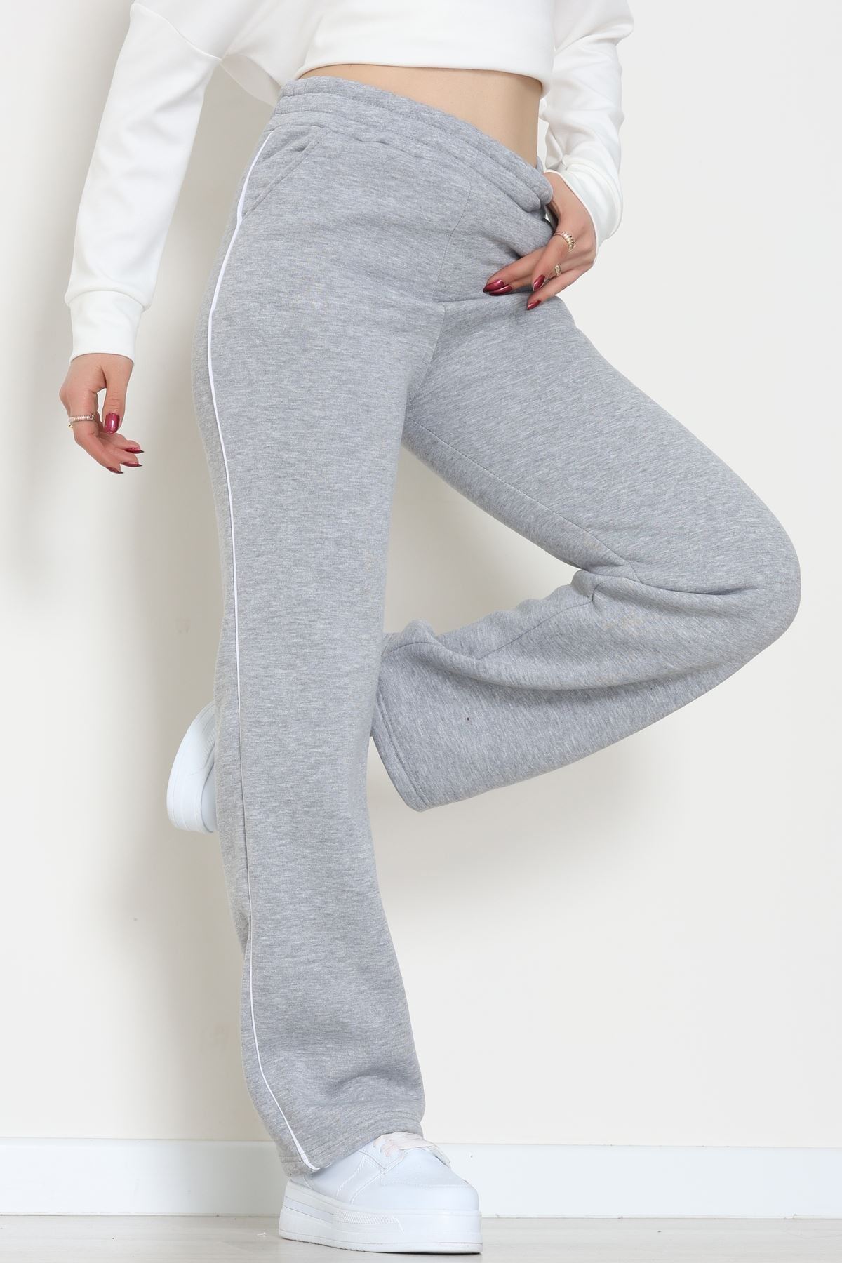 3 İplik Biyeli Palazzo Eşofman Altı Gri - 30104.1878.