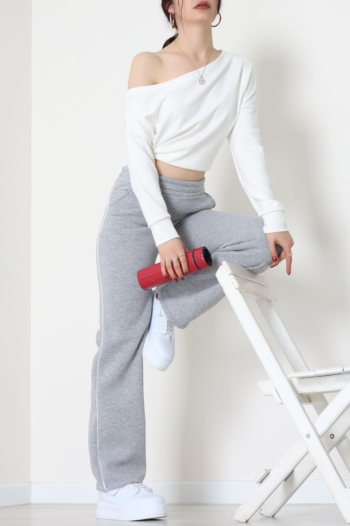 3 İplik Biyeli Palazzo Eşofman Altı Gri - 30104.1878.