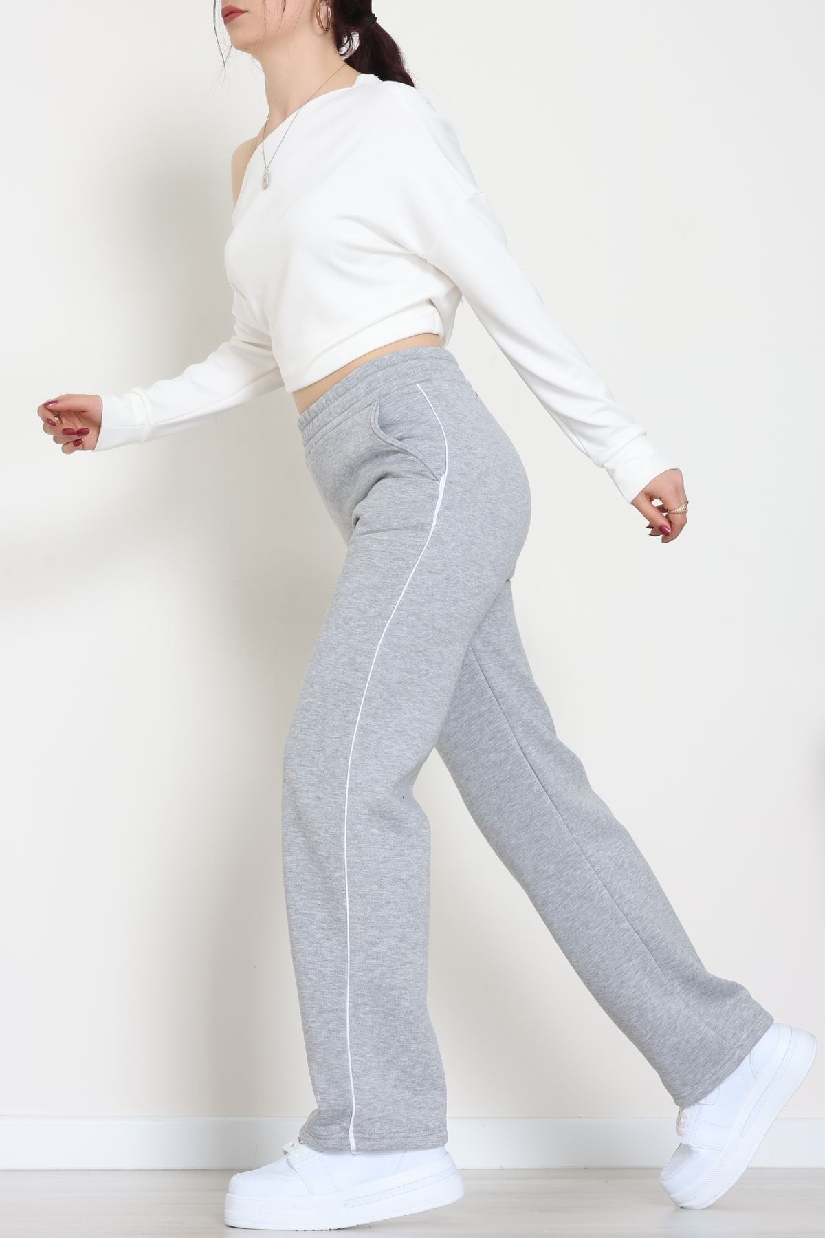 3 İplik Biyeli Palazzo Eşofman Altı Gri - 30104.1878.