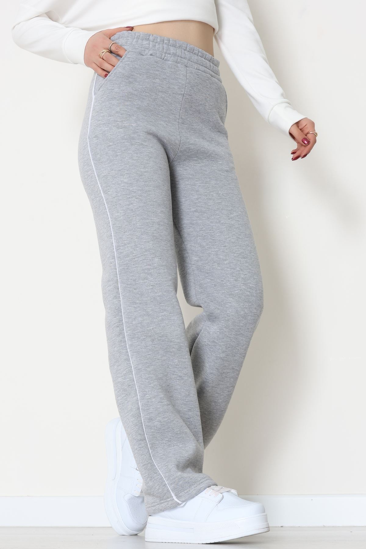 3 İplik Biyeli Palazzo Eşofman Altı Gri - 30104.1878.