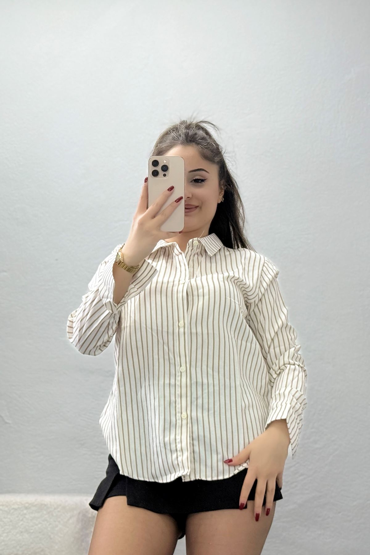 Pamuk Polyester Çizgili Gömlek Bejbeyaz - 51064.147.