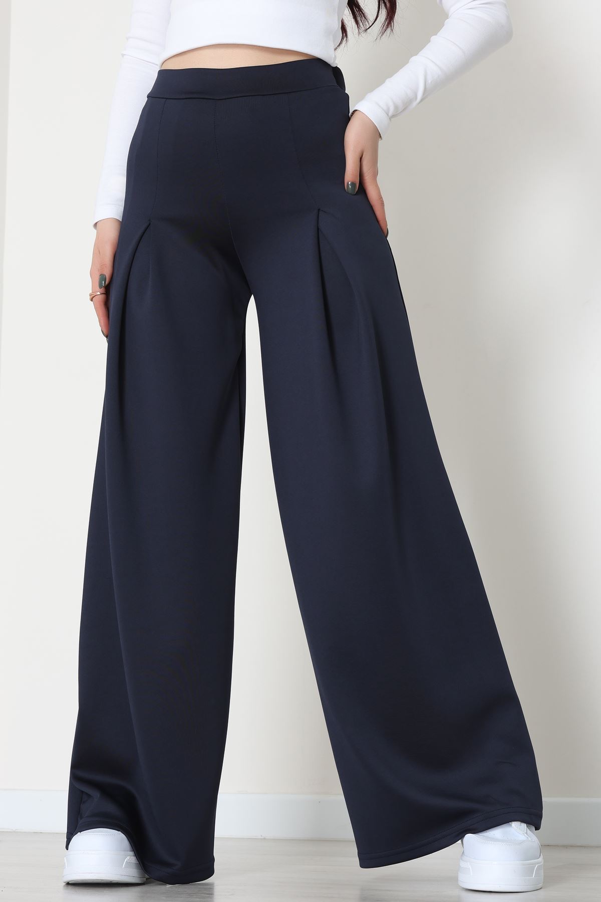 Double Krep Kumaş Önden Pileli Pantolon Lacivert - 42784.1567.