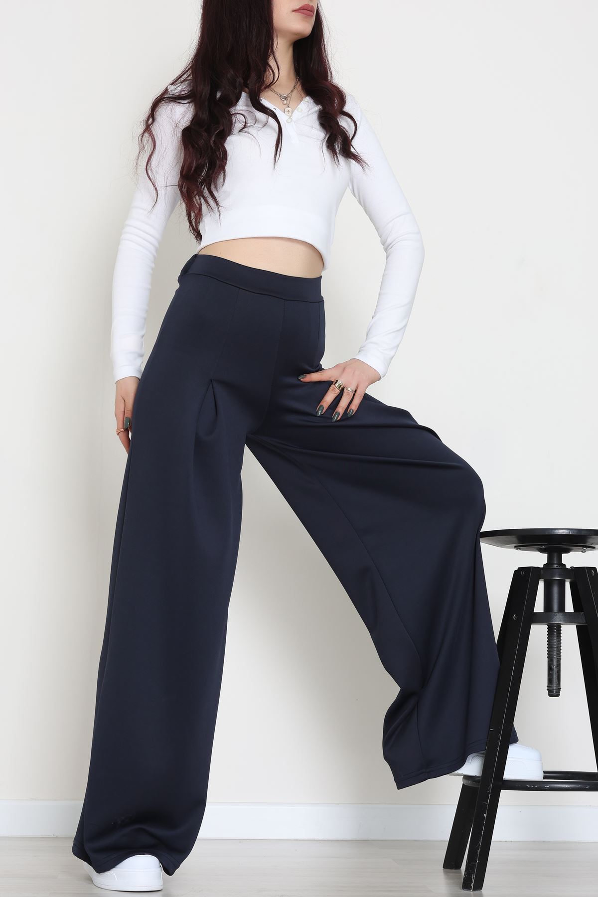 Double Krep Kumaş Önden Pileli Pantolon Lacivert - 42784.1567.