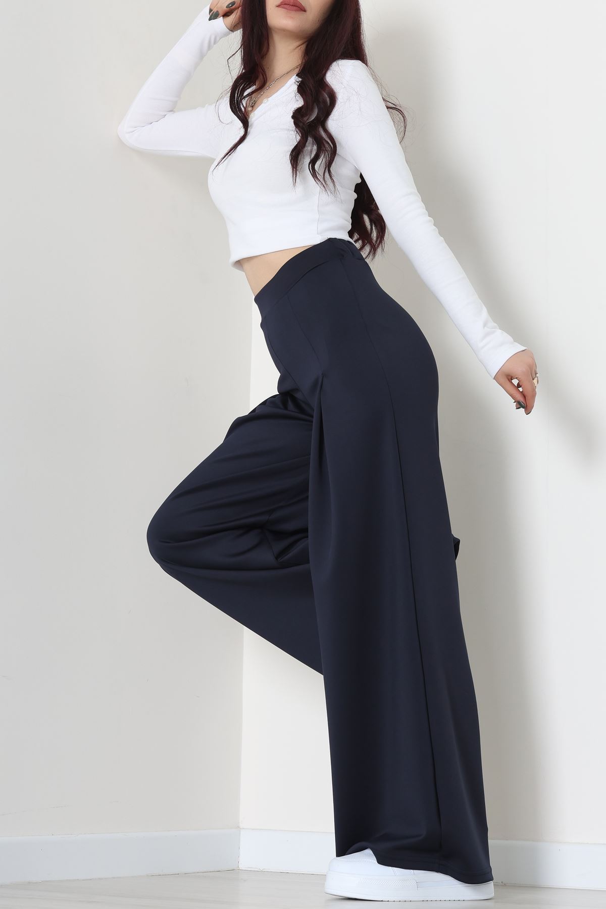 Double Krep Kumaş Önden Pileli Pantolon Lacivert - 42784.1567.