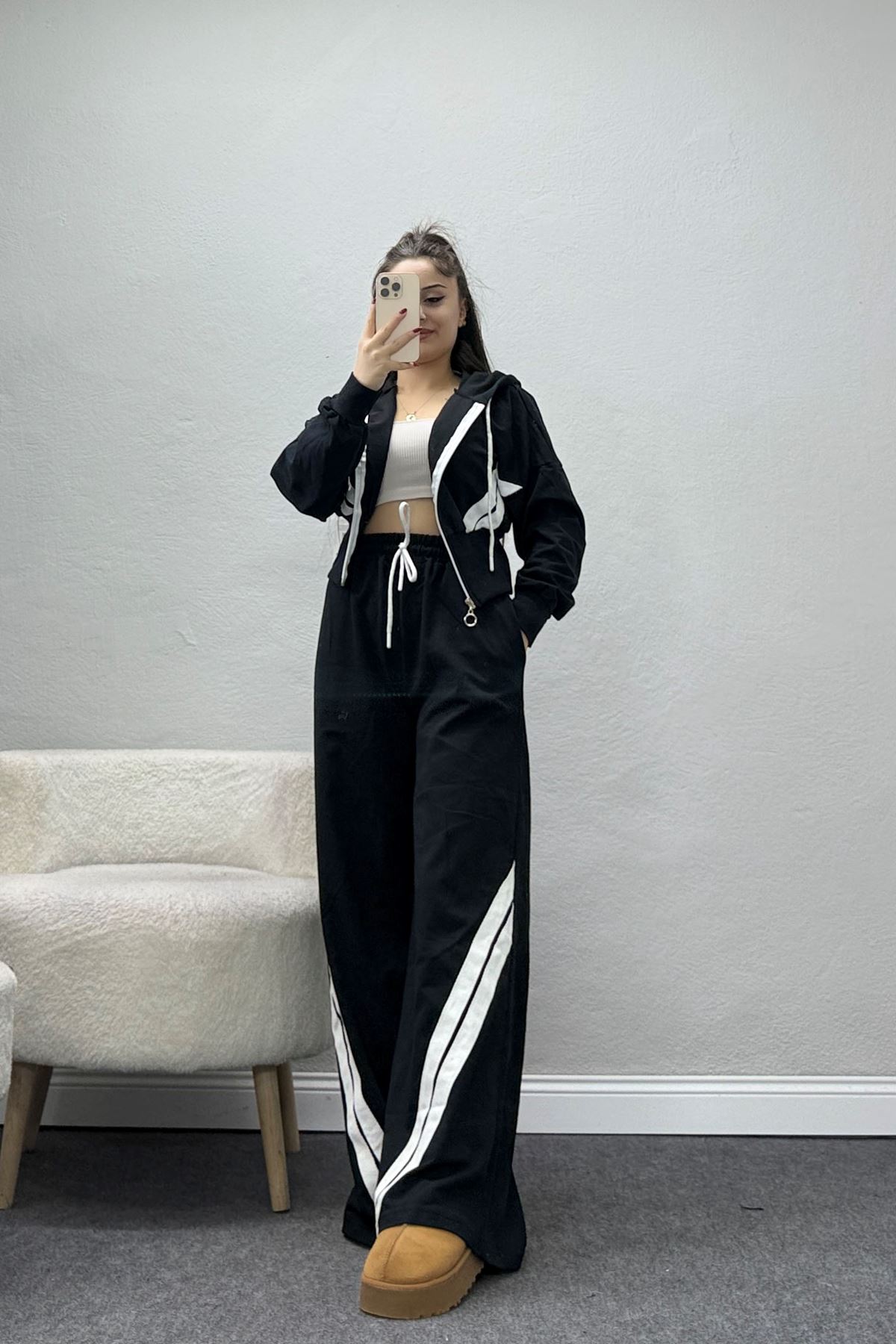 Keten Şeritli 2 İplik Eşofman Takımı Siyahbeyaz - 52079.1857.