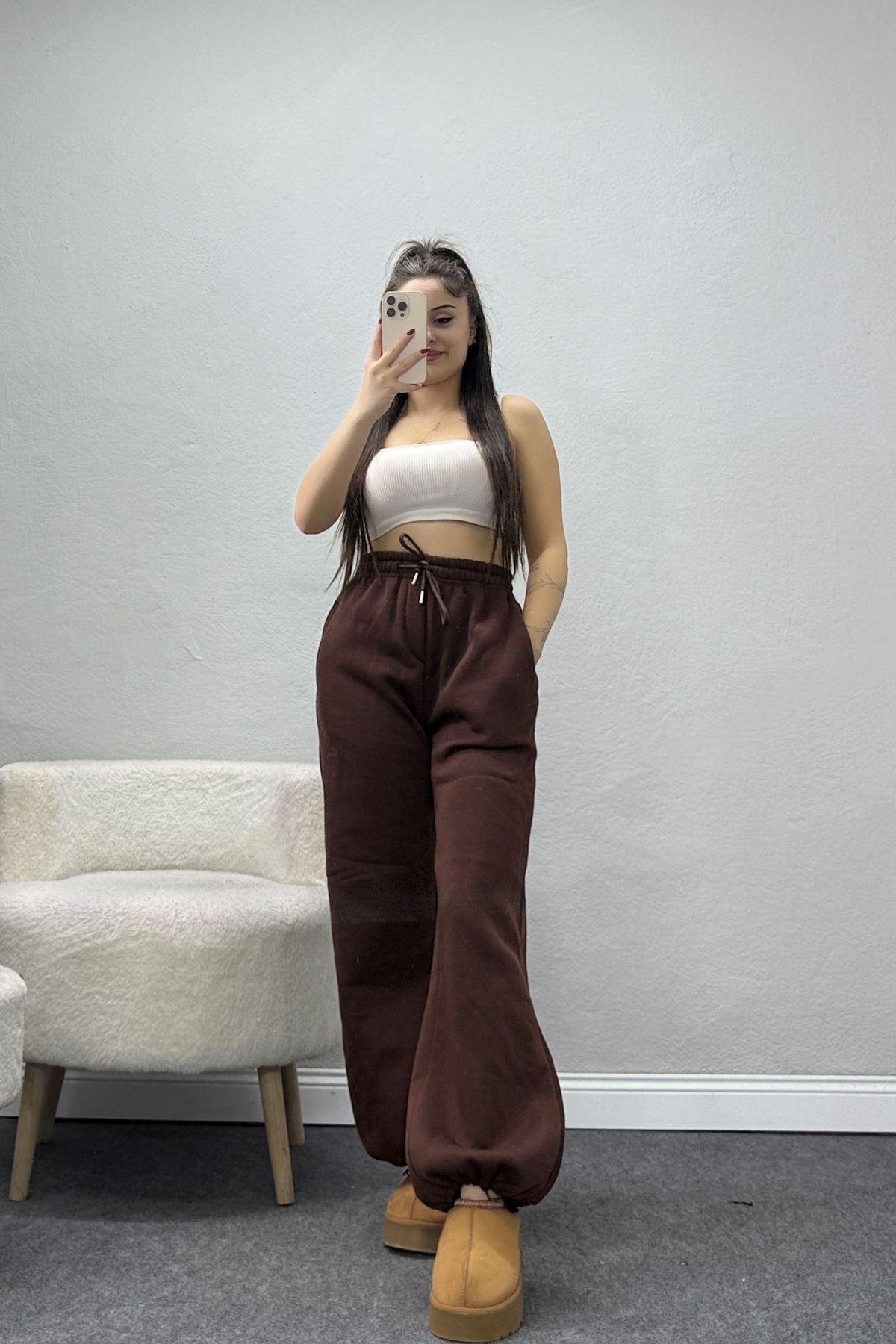 3 İplik Şardonlu Paça Stoperli Eşofman Altı Kahve - 52069.2113.