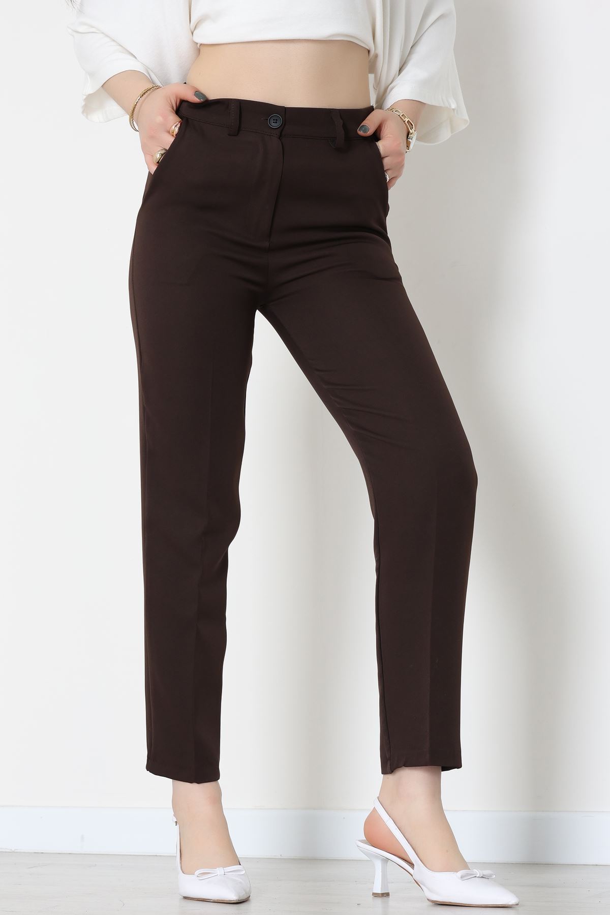 Double Kumaş Bel Lastikli Pantolon Kahverengi - 51112.1920.