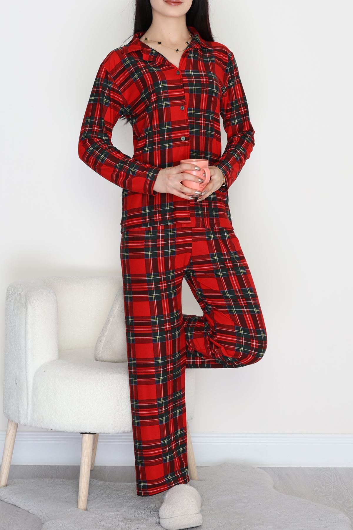 Düğmeli Süet Pijama Takımı Kırmızıyeşil - 450.1287.