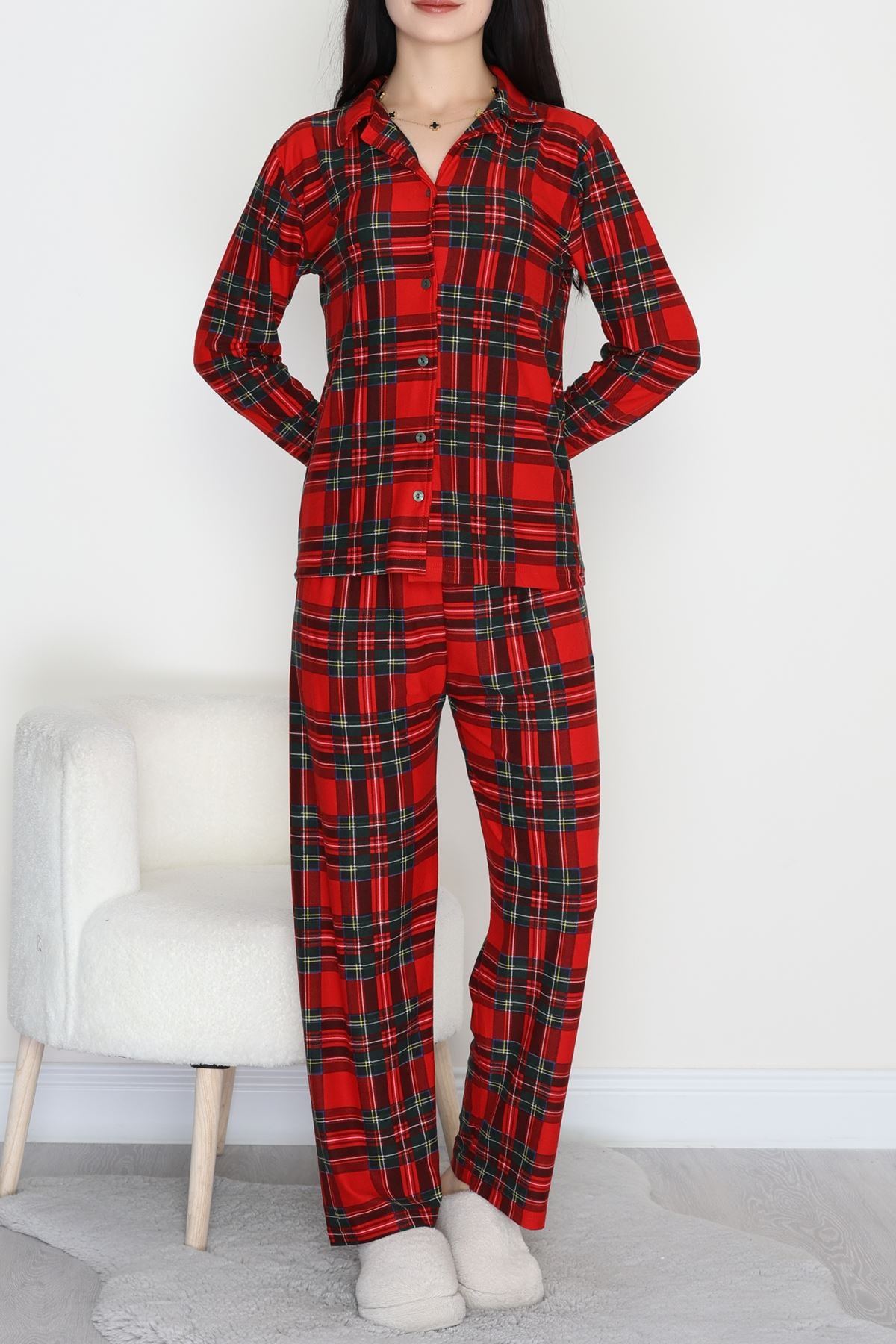 Düğmeli Süet Pijama Takımı Kırmızıyeşil - 450.1287.