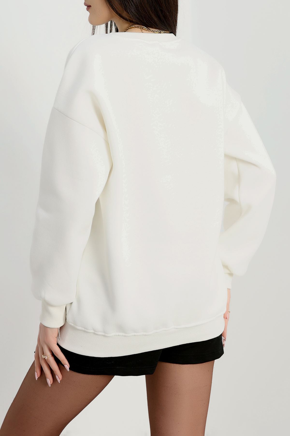 3 İplik Bisiklet Yaka Sweat Ekru - 42234.1878.