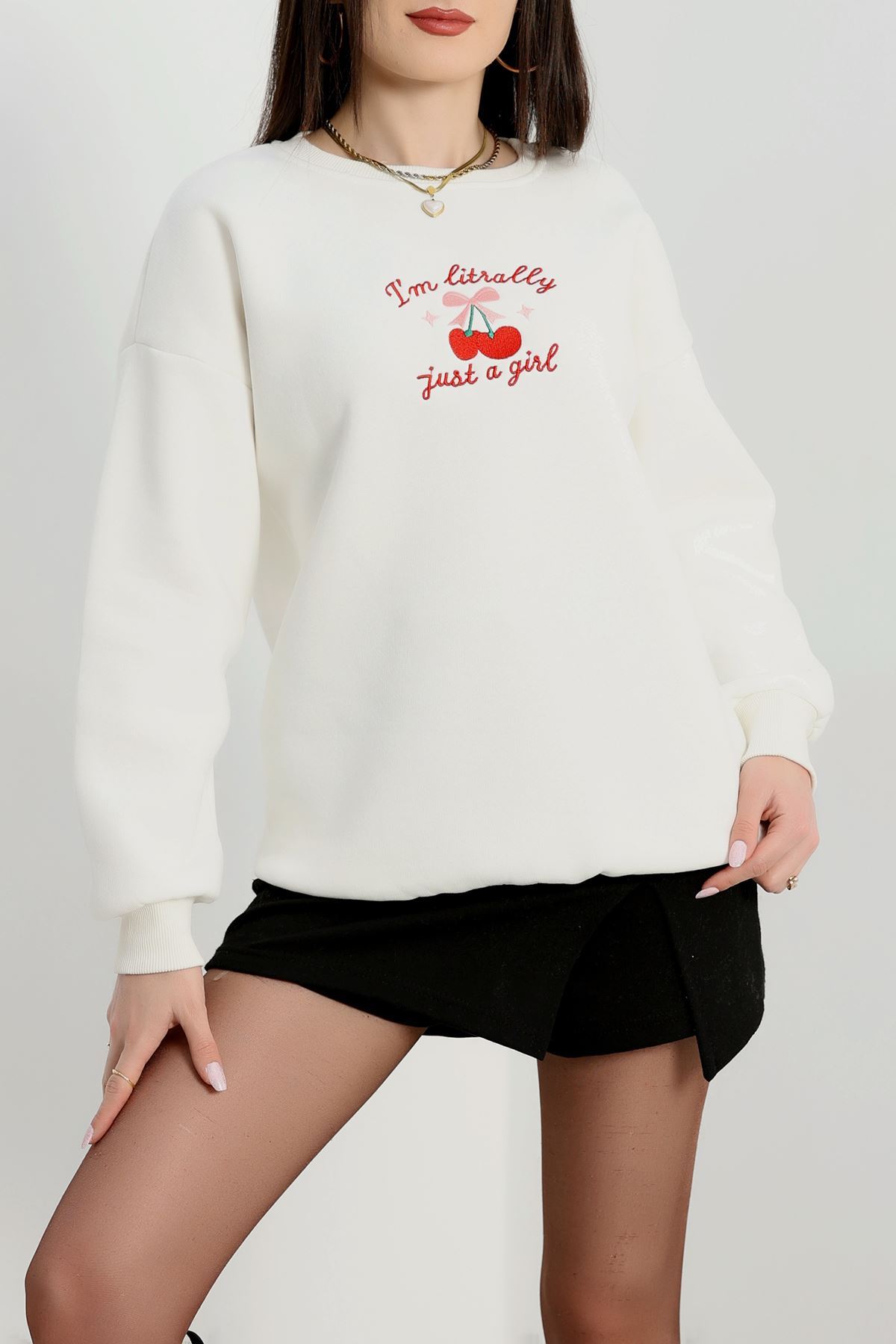 3 İplik Bisiklet Yaka Sweat Ekru - 42234.1878.