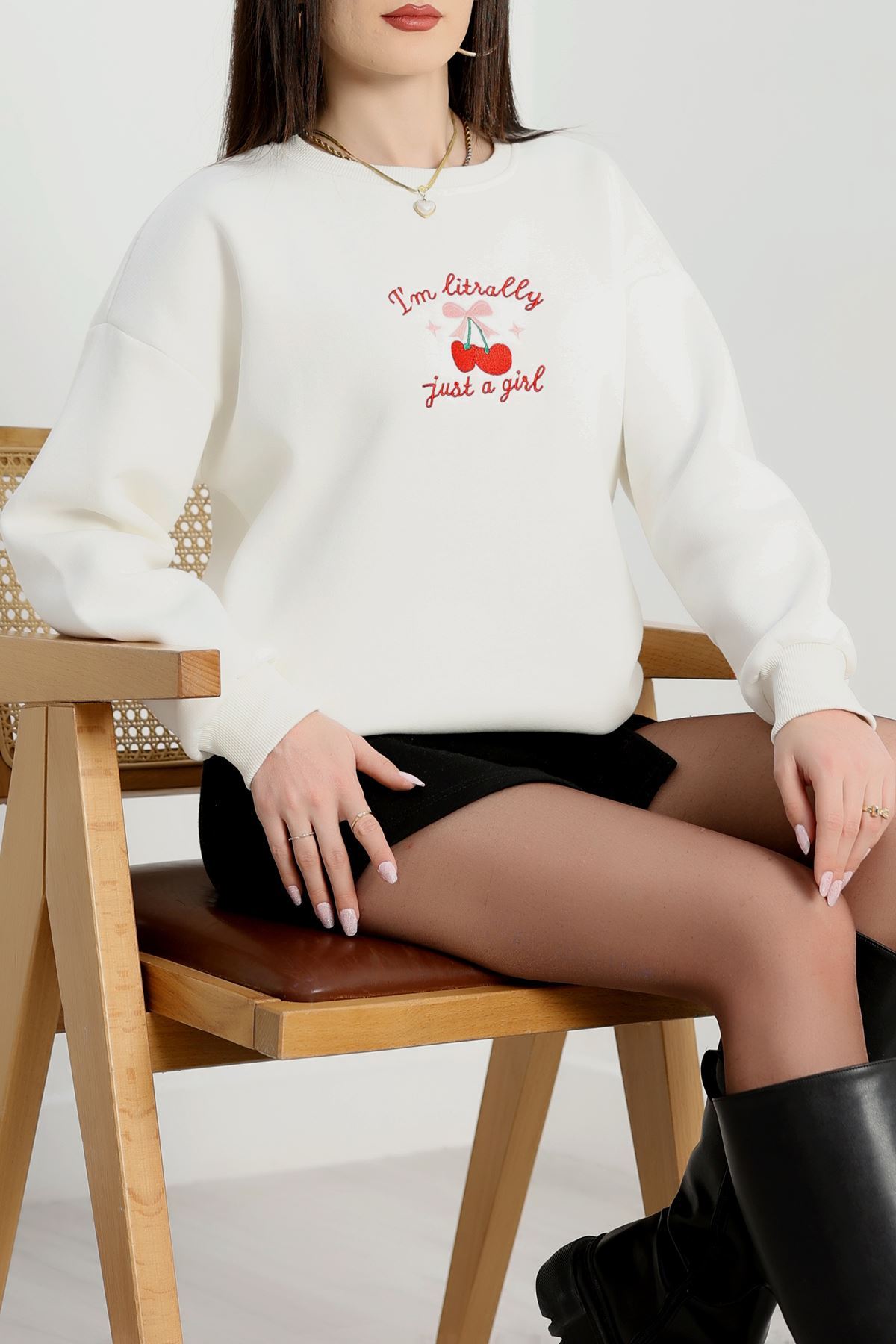 3 İplik Bisiklet Yaka Sweat Ekru - 42234.1878.