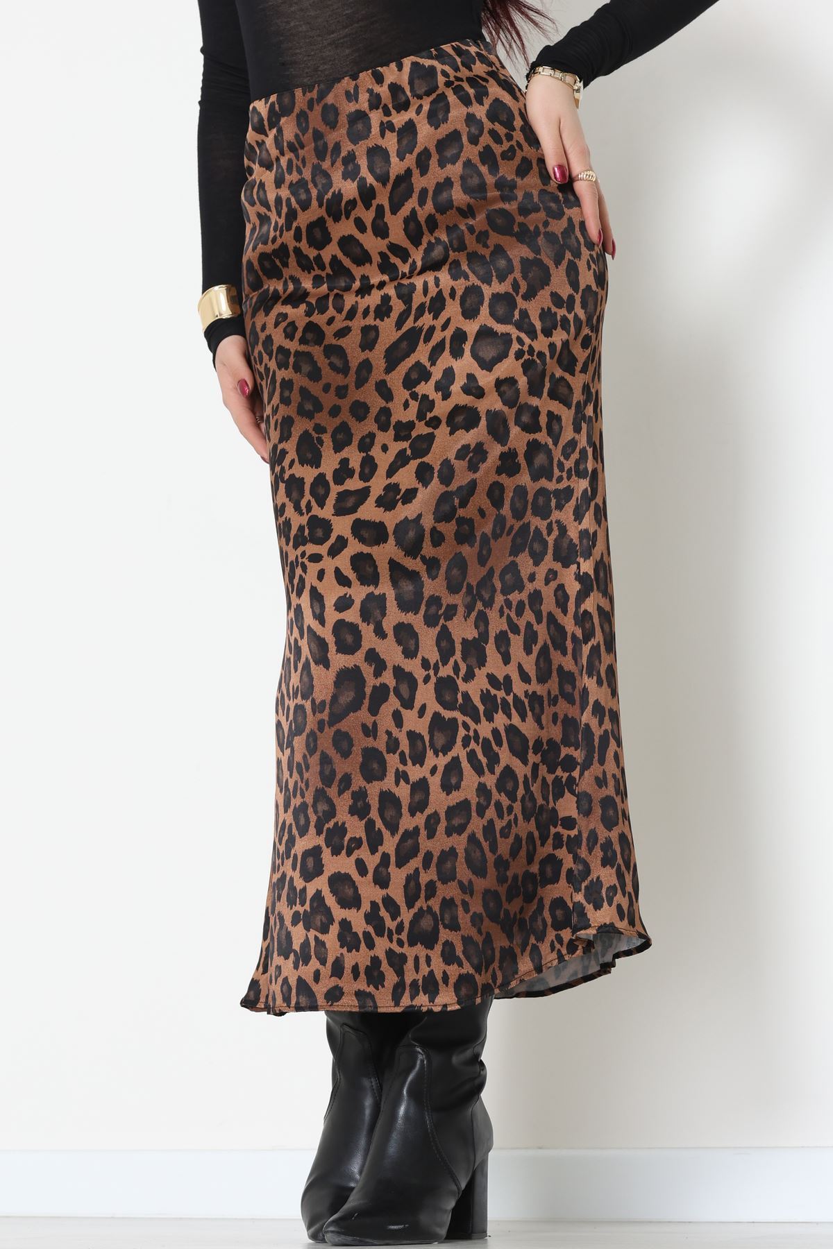 Düz Kesim Desenli Saten Etek Kahveleopar - 51243.2077.
