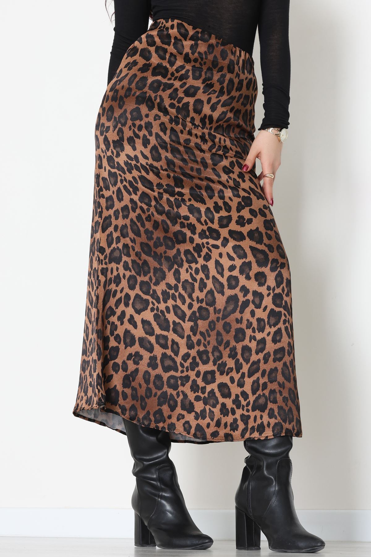 Düz Kesim Desenli Saten Etek Kahveleopar - 51243.2077.