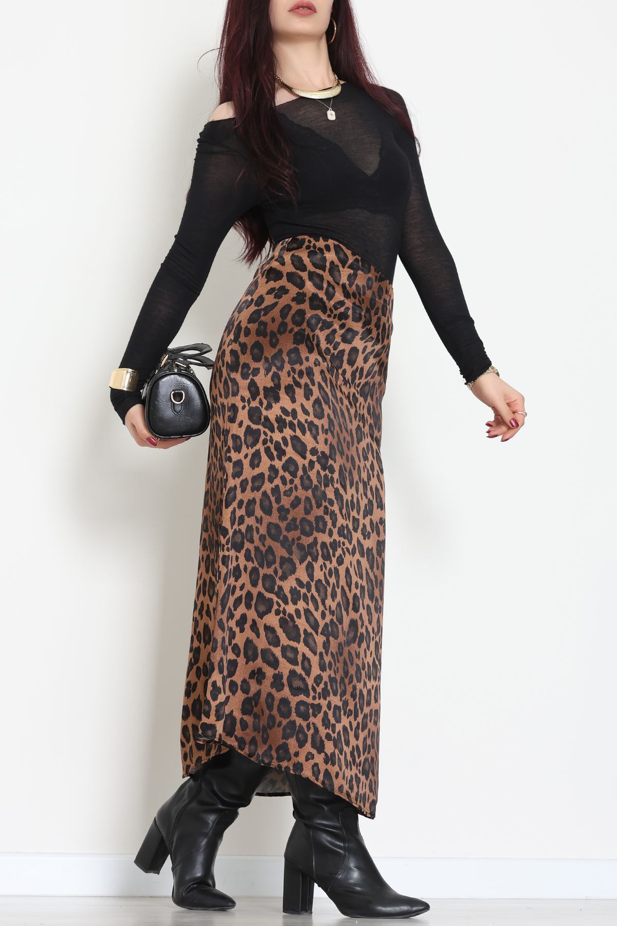 Düz Kesim Desenli Saten Etek Kahveleopar - 51243.2077.