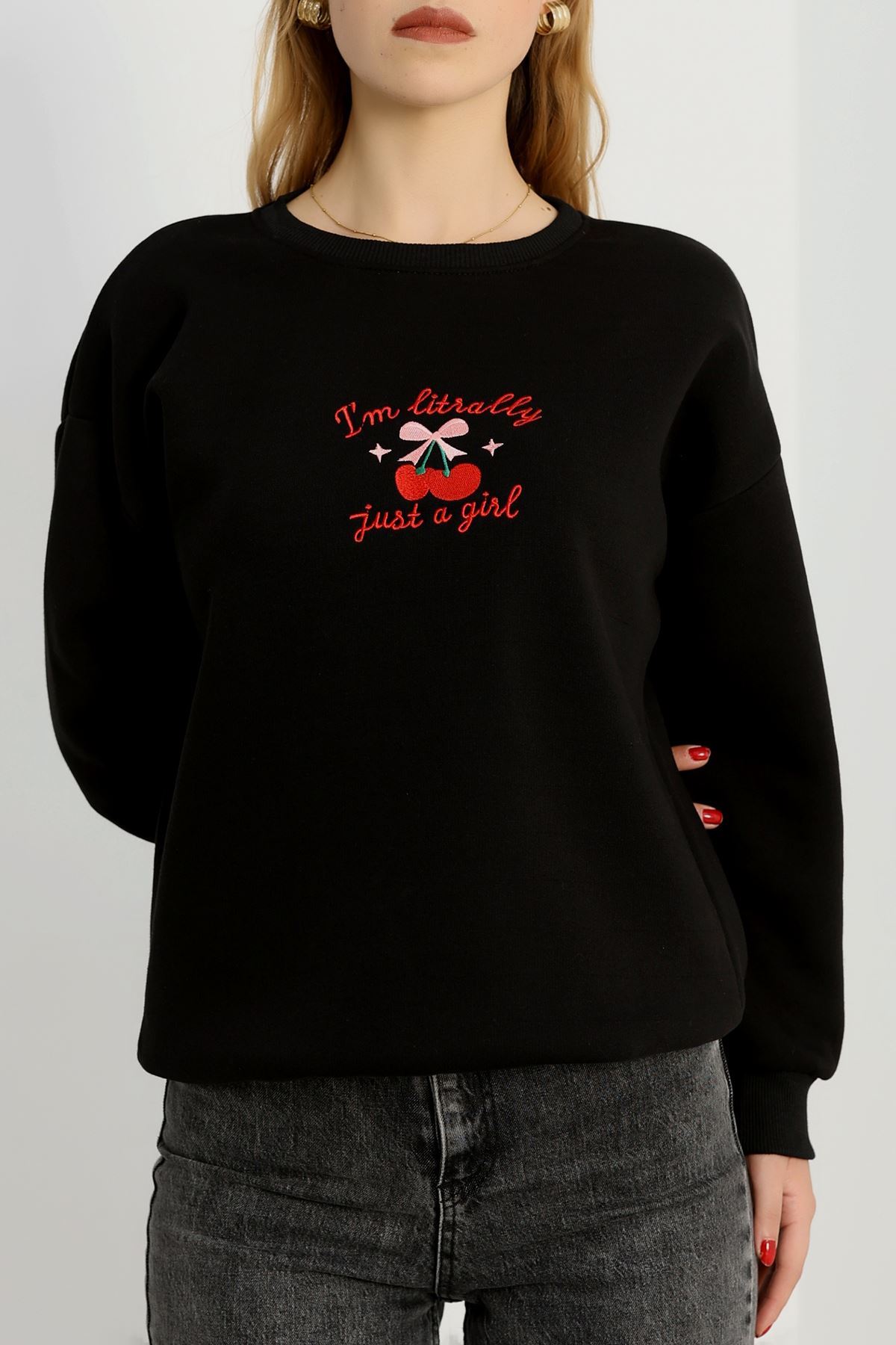 3 İplik Bisiklet Yaka Sweat Siyah - 42234.1878.