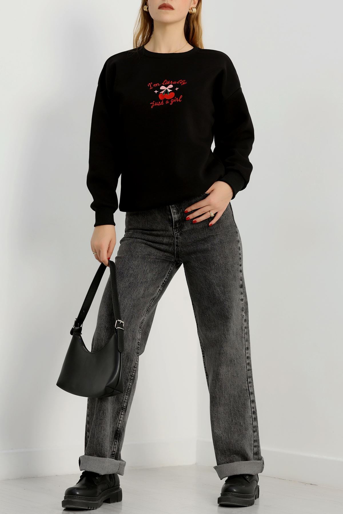 3 İplik Bisiklet Yaka Sweat Siyah - 42234.1878.