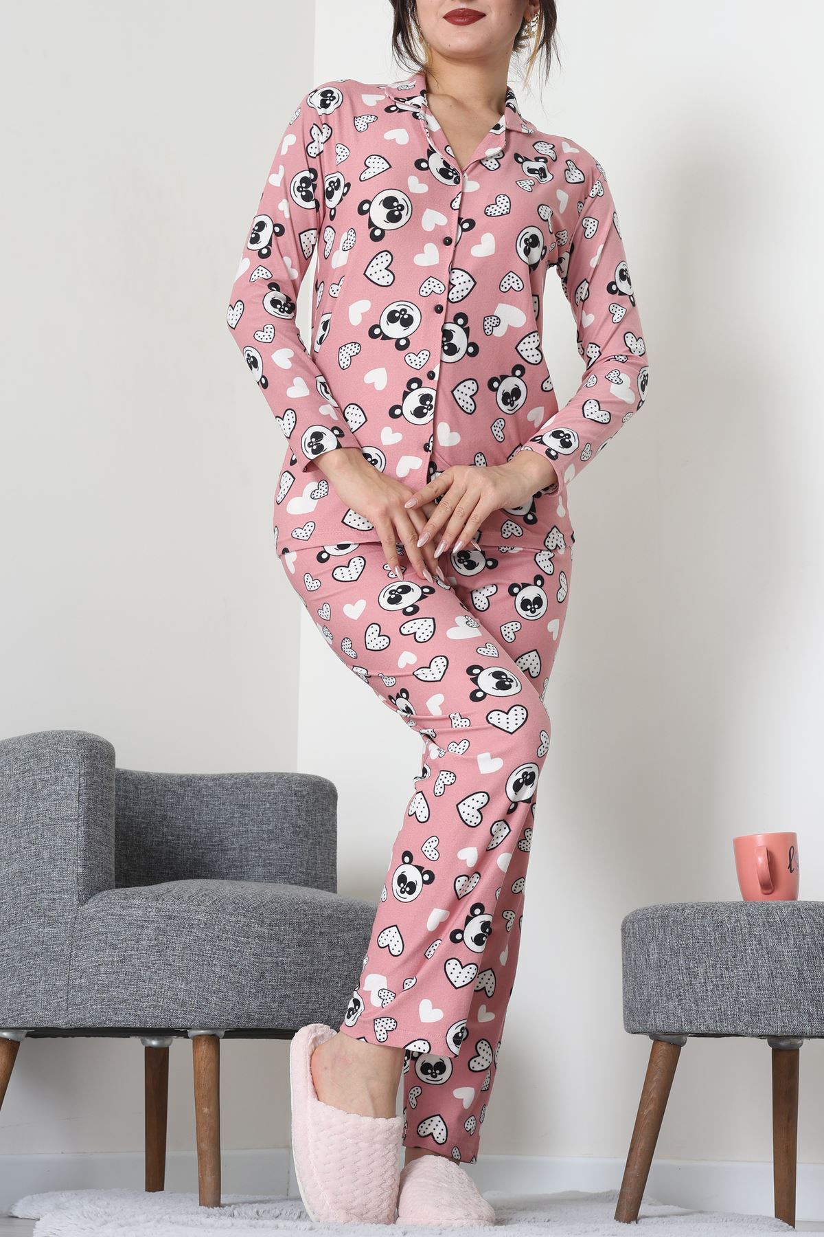 Süet Düğmeli Pijama Takımı Pembesiyah - 55014.1048.