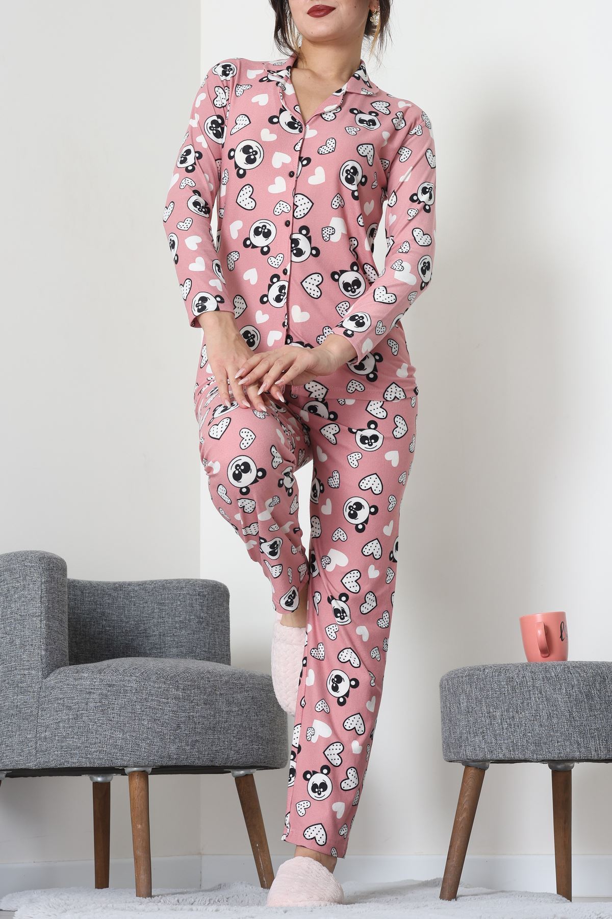Süet Düğmeli Pijama Takımı Pembesiyah - 55014.1048.