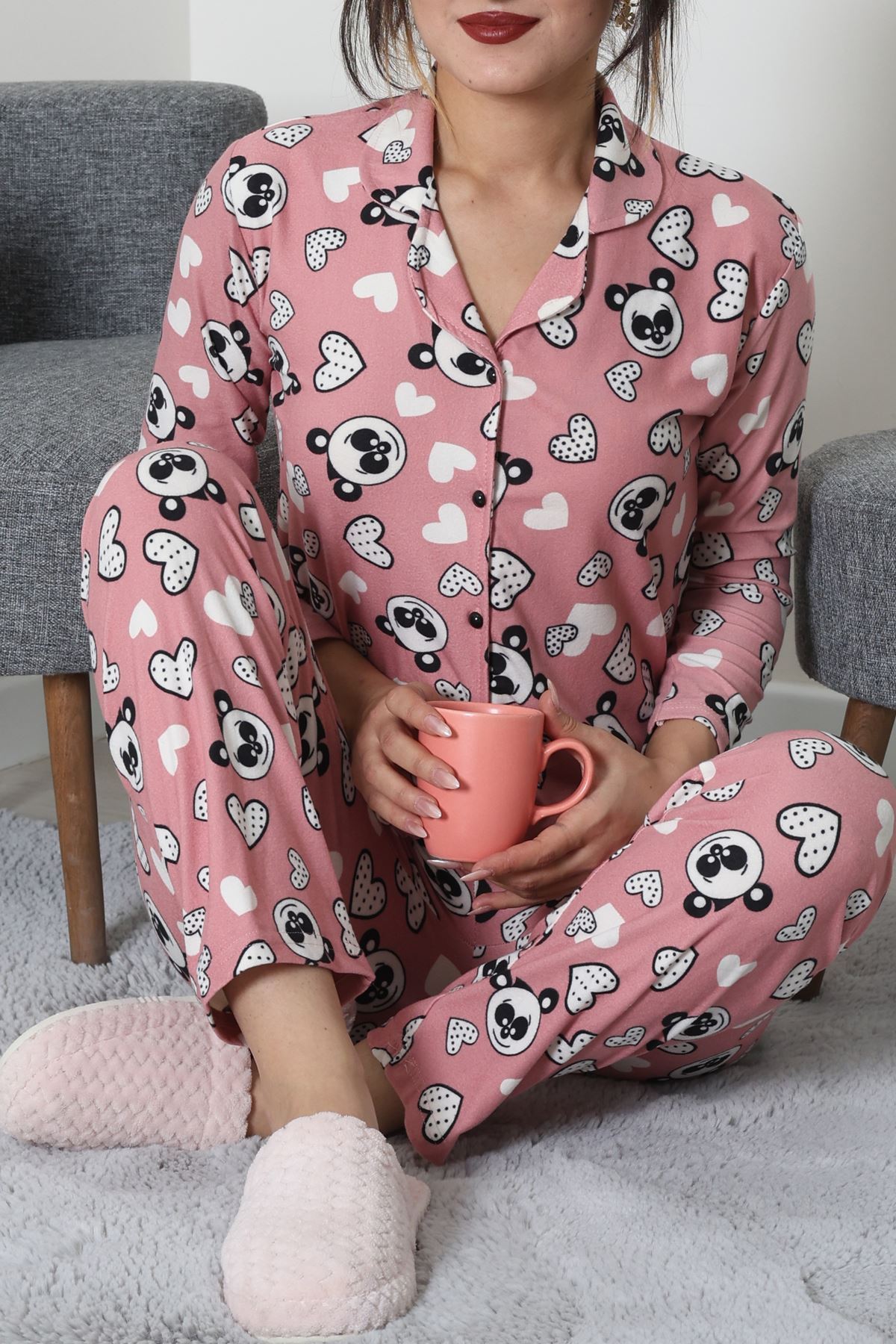 Süet Düğmeli Pijama Takımı Pembesiyah - 55014.1048.