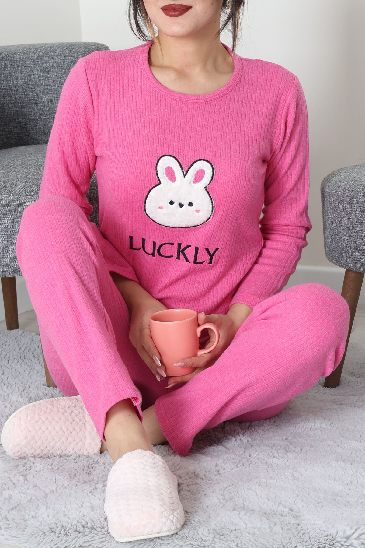 Nakışlı İnterlok Pijama Takımı Fuşya - 800.1287.