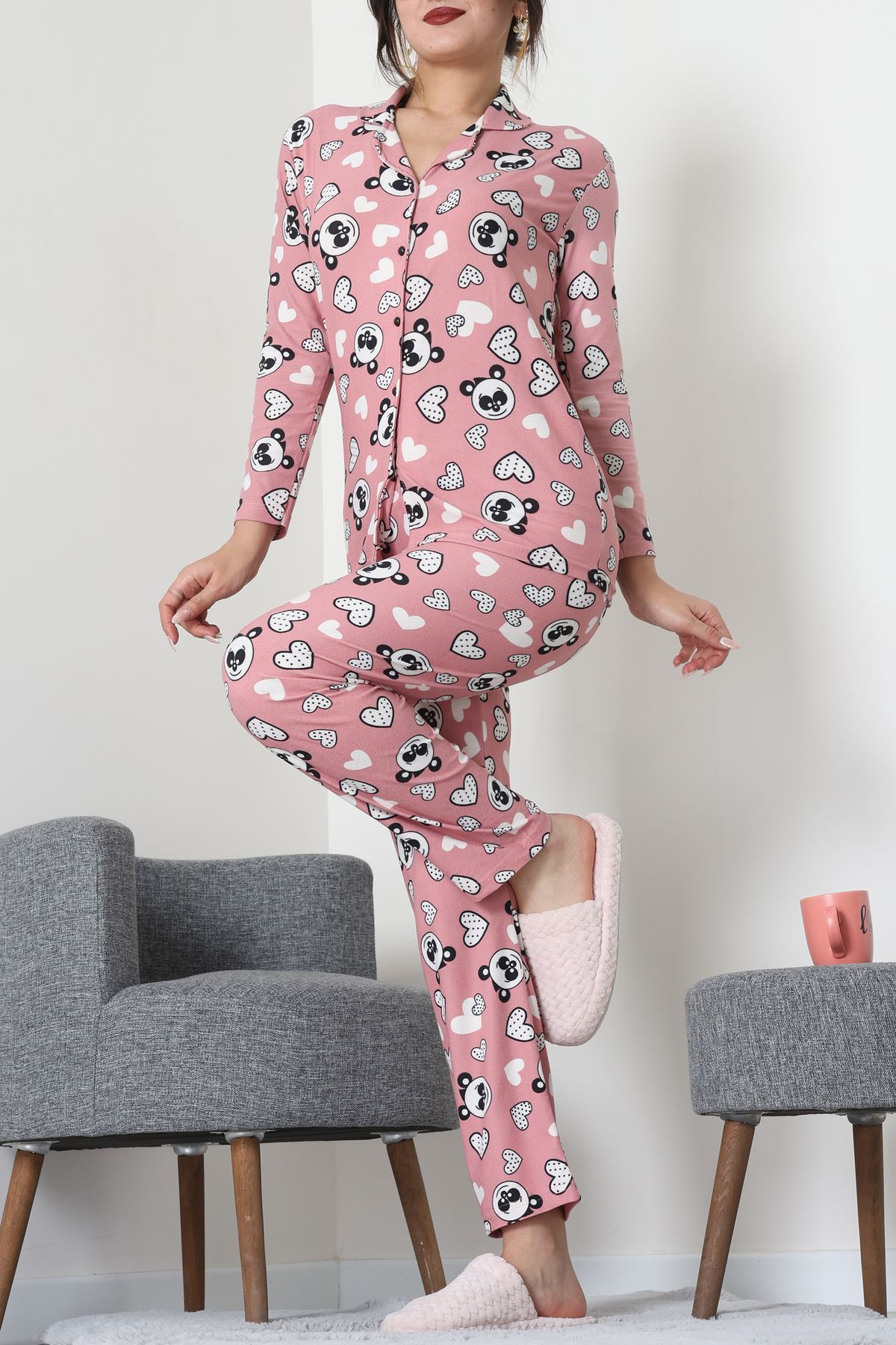 Süet Düğmeli Pijama Takımı Pembesiyah - 55014.1048.