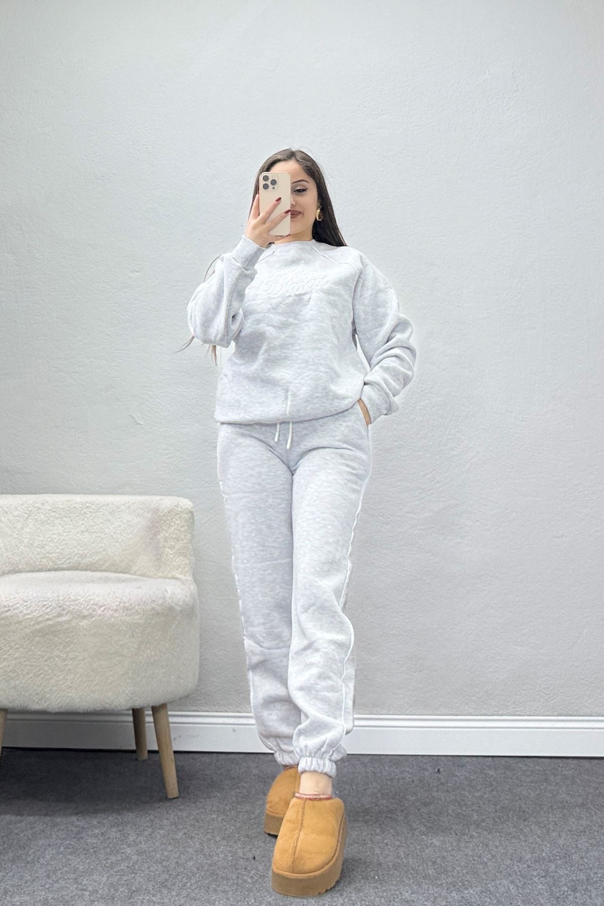 3 İplik Nakışlı Eşofman Takım Gri - 52137.1735.