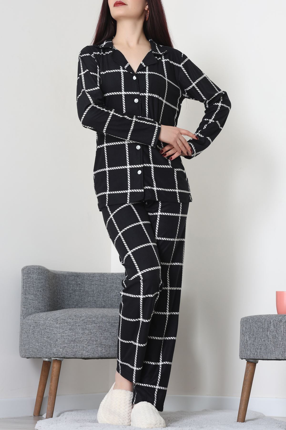 Süet Düğmeli Pijama Takımı Siyahçizgili - 52171.1050.