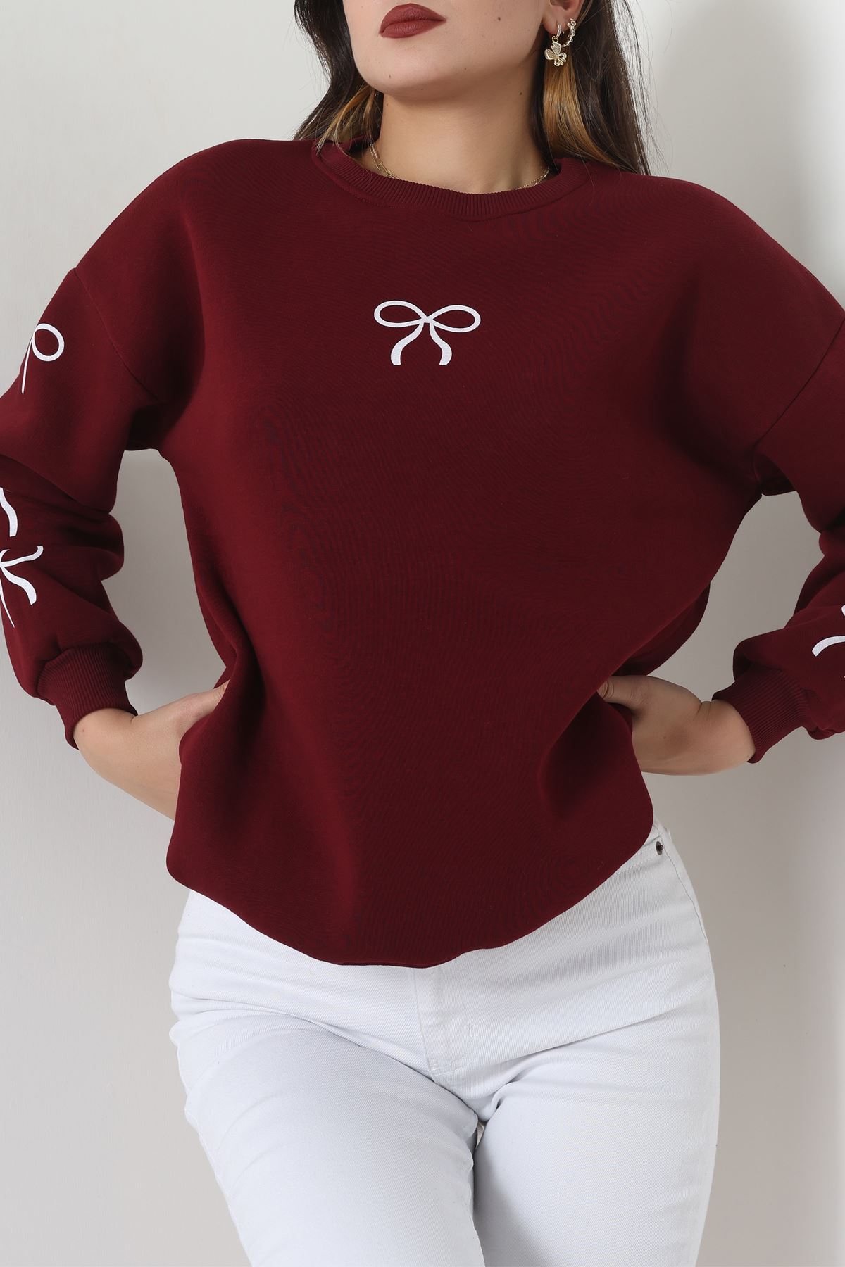 3 İplik Bisiklet Yaka Sweat Bordoekru - 42246.1878.