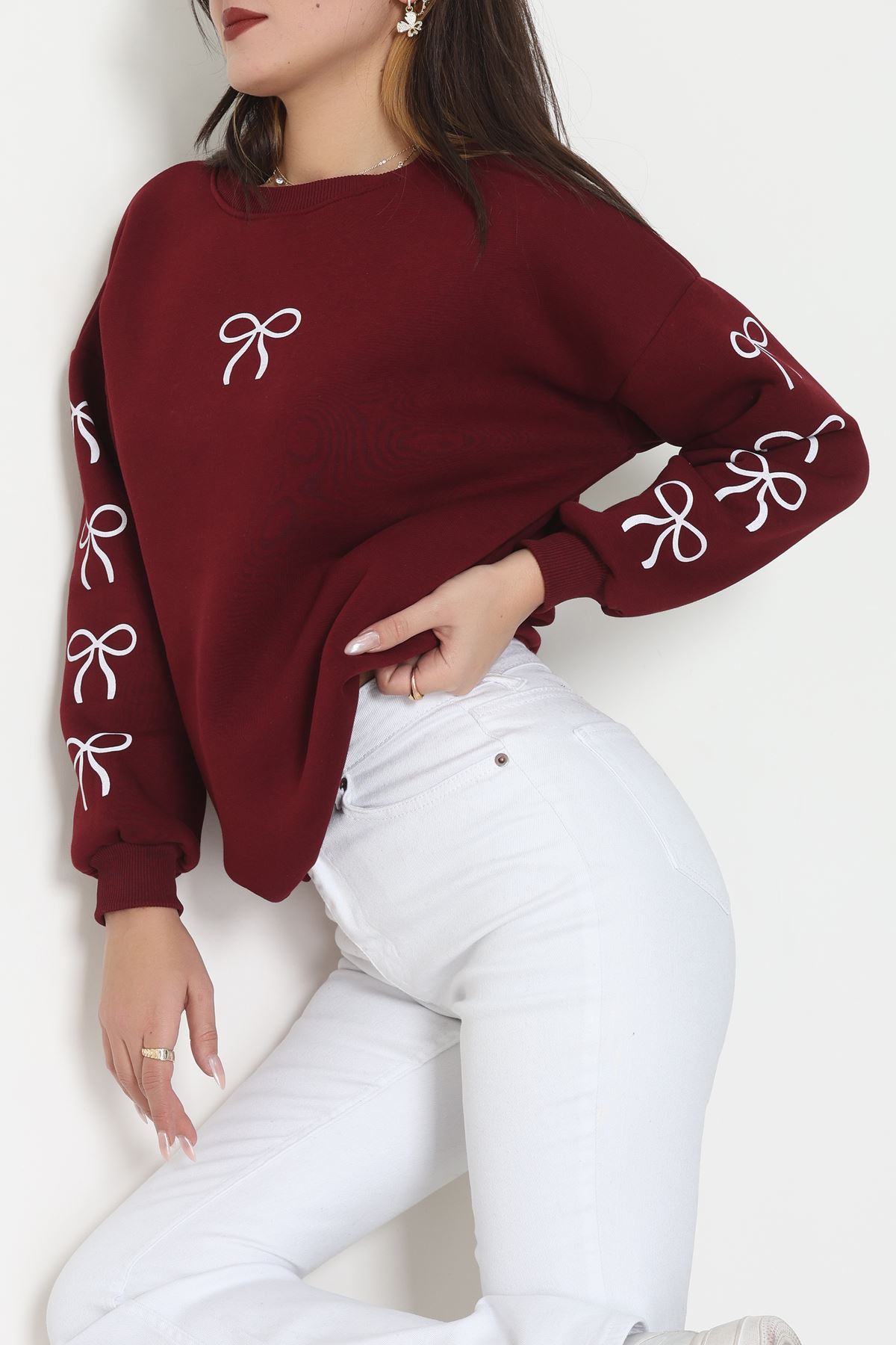3 İplik Bisiklet Yaka Sweat Bordoekru - 42246.1878.