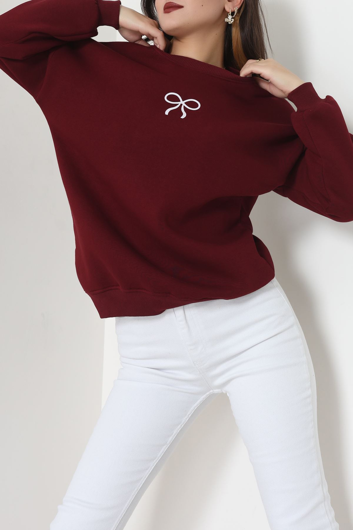 3 İplik Bisiklet Yaka Sweat Bordoekru - 42246.1878.