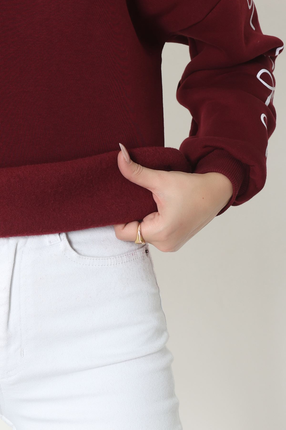 3 İplik Bisiklet Yaka Sweat Bordoekru - 42246.1878.