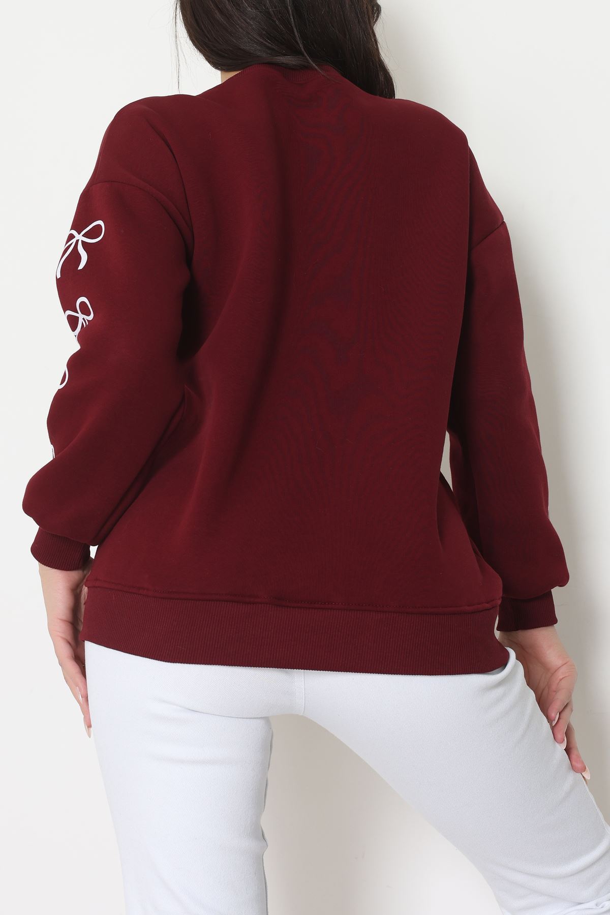 3 İplik Bisiklet Yaka Sweat Bordoekru - 42246.1878.