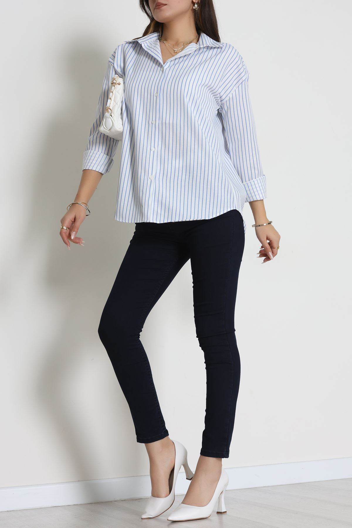 Pamuk Polyester Çizgili Oversize Gömlek Beyazmavi - 51052.147.
